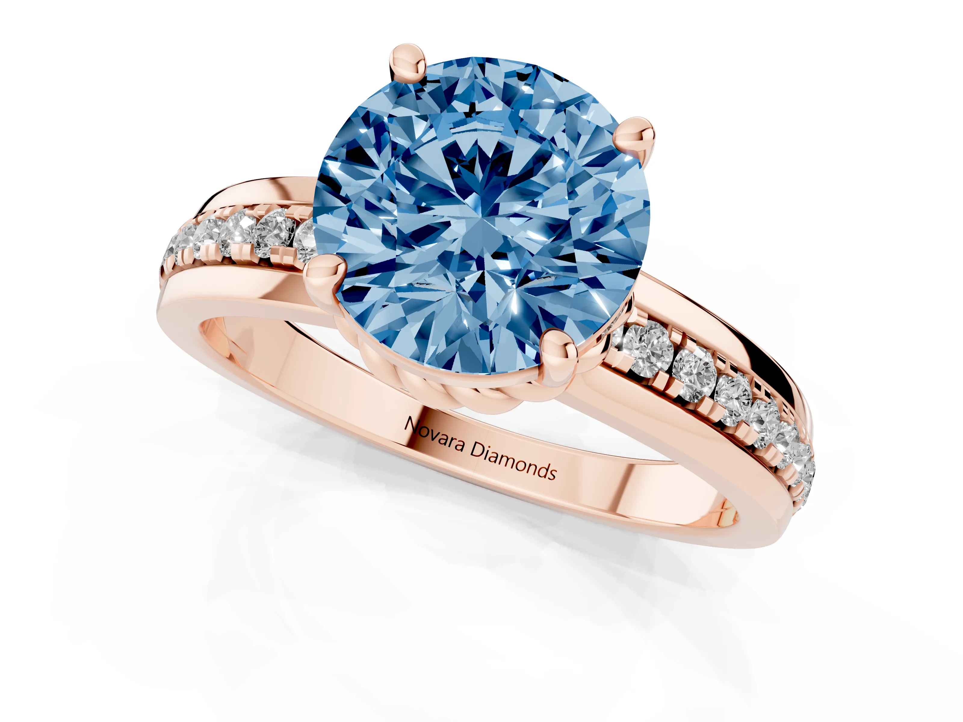 Fancy Blue Round Cut Diamond Solitaire Ring Set in Rose gold with Channel Set Band and Prong Setting