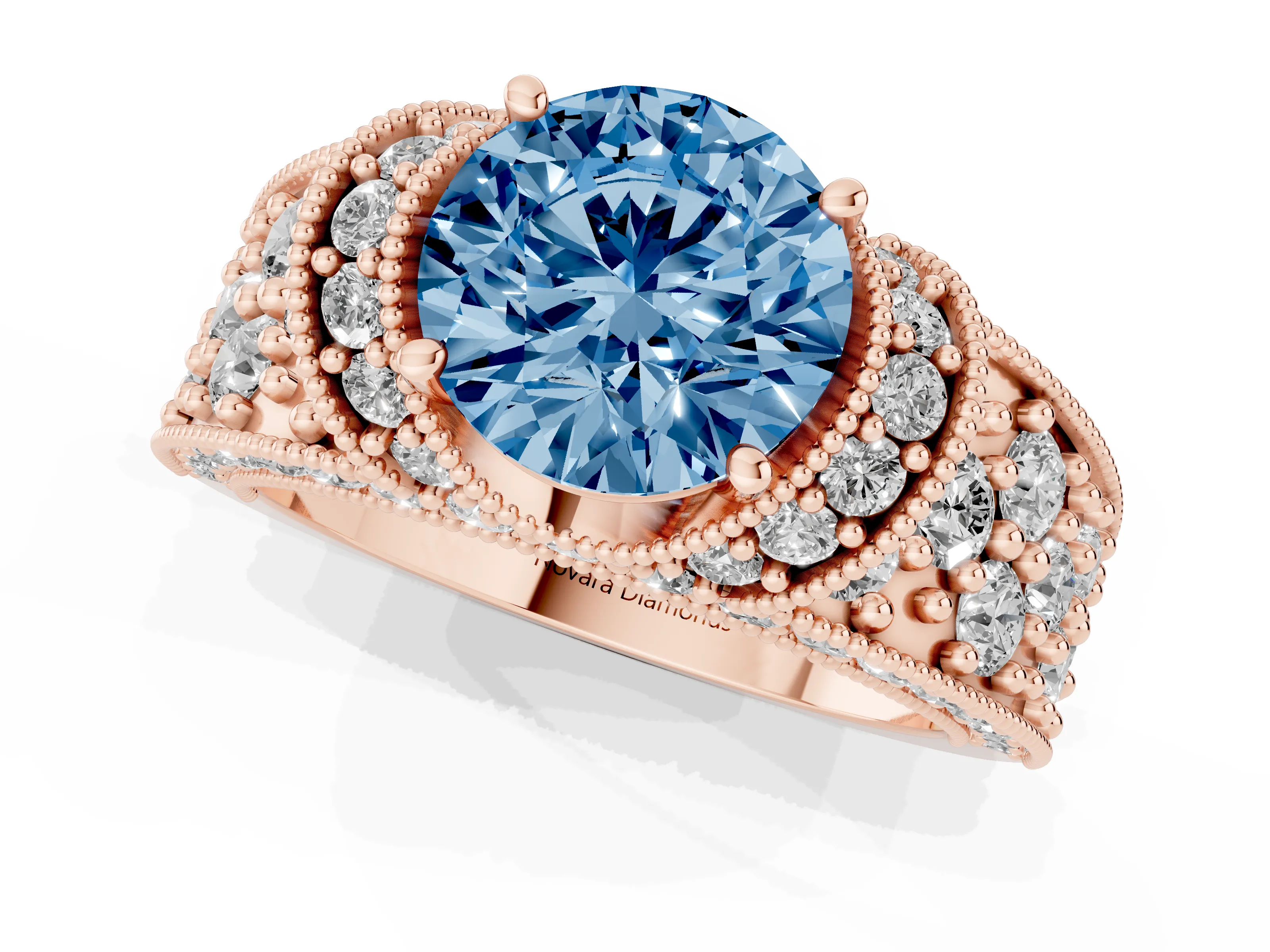 Fancy Blue Round Cut Diamond Milgrain Halo Pavé Engagement Ring Set in Rose gold with Prong Setting