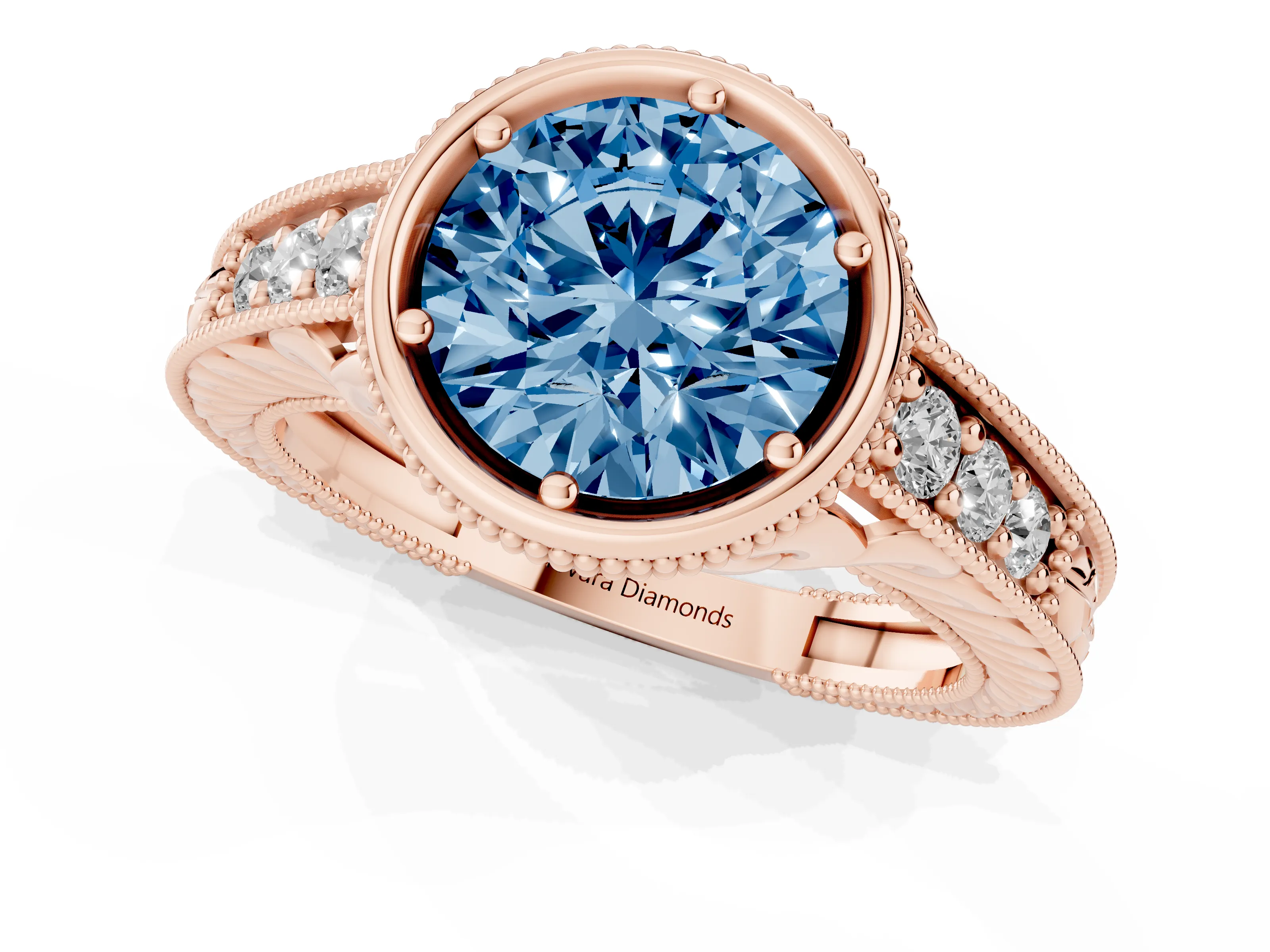 Fancy Blue Bezel Set Round Cut Diamond Milgrain Pavé Engagement Ring Set in Rose gold