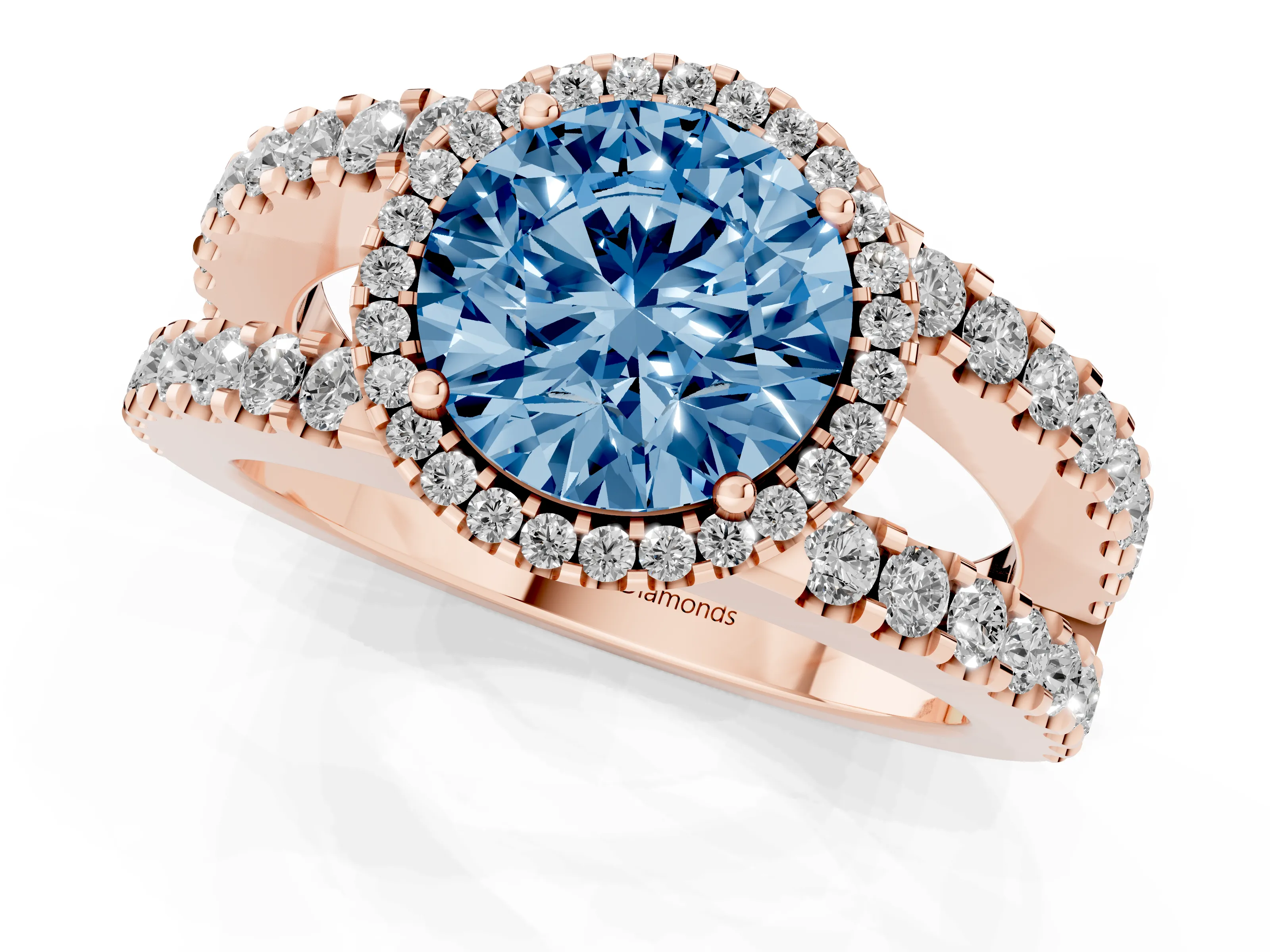 Fancy Blue Round Cut Diamond Halo Ring Set in Rose gold with Pavé Split Shank and Prong Setting