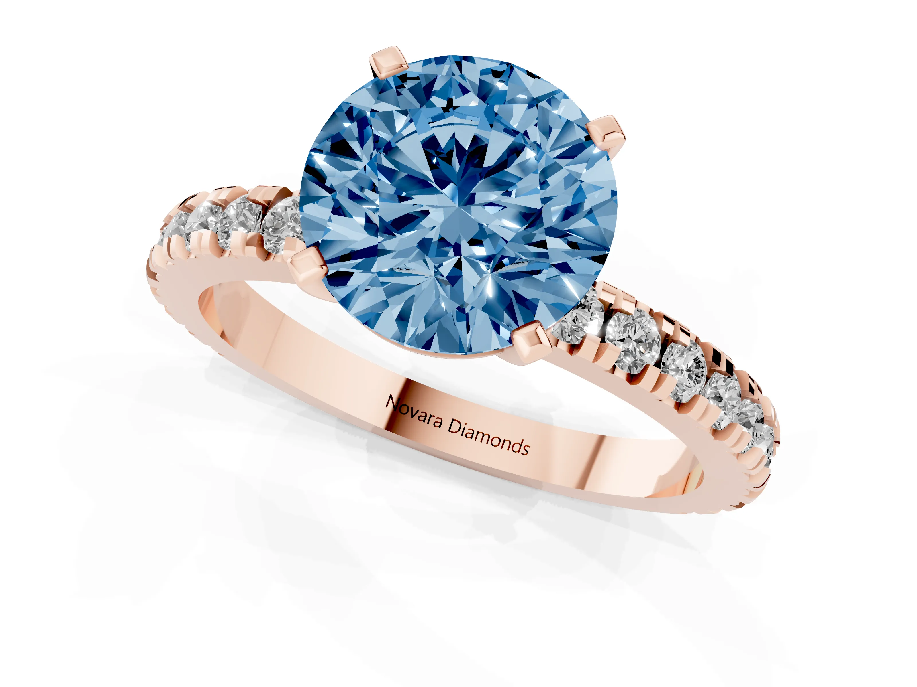 Fancy Blue Round Cut Diamond Pavé Band Solitaire Set in Rose gold with Prong Setting