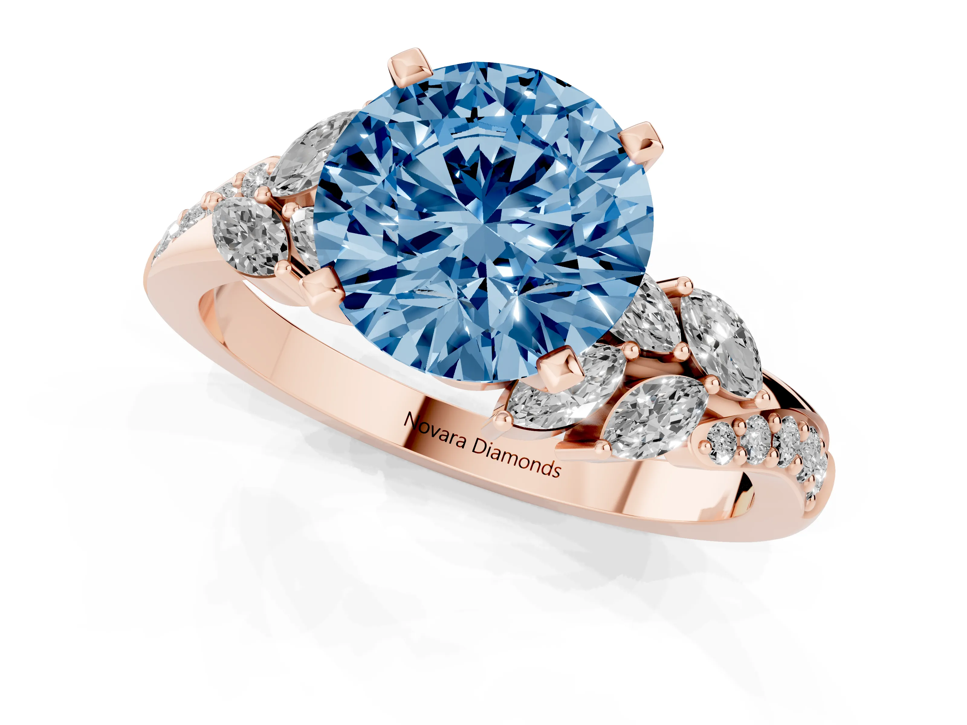 Fancy Blue Round Cut Diamond Solitaire Ring Set in Rose gold with Marquise Twist Band and Prong Setting