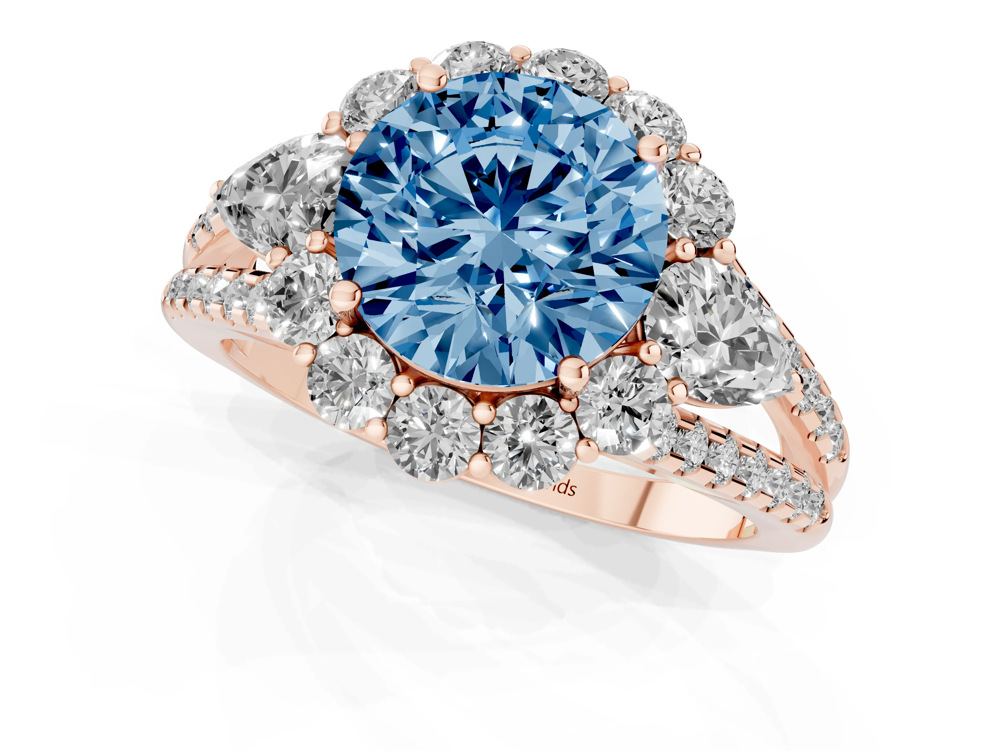 Fancy Blue Round Cut Diamond Halo Split Shank Engagement Ring Set in Rose gold with Prong-Held Center Stone