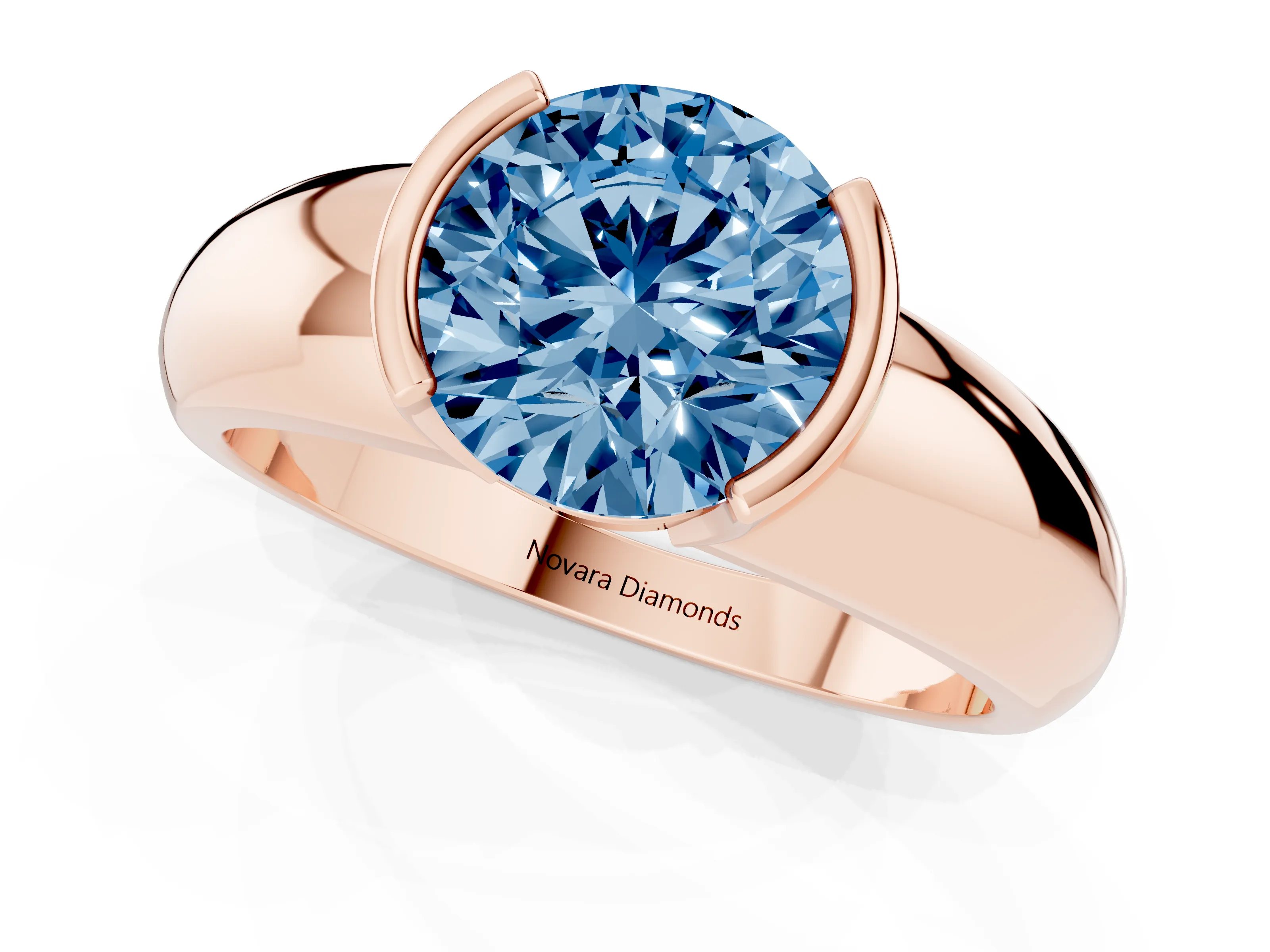 Fancy Blue Round Cut Diamond Solitaire Tension Set Ring Set in Rose gold with Wide Band