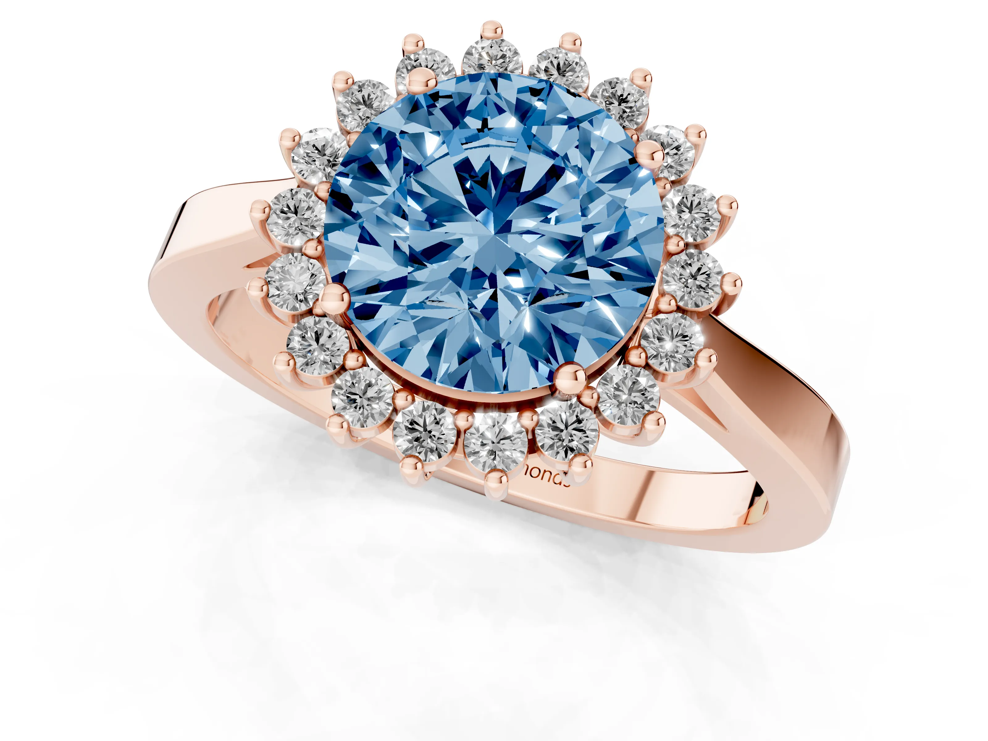 Fancy Blue Round Cut Diamond Halo Ring Set in Rose gold with Round Halo and Smooth Solitaire Band