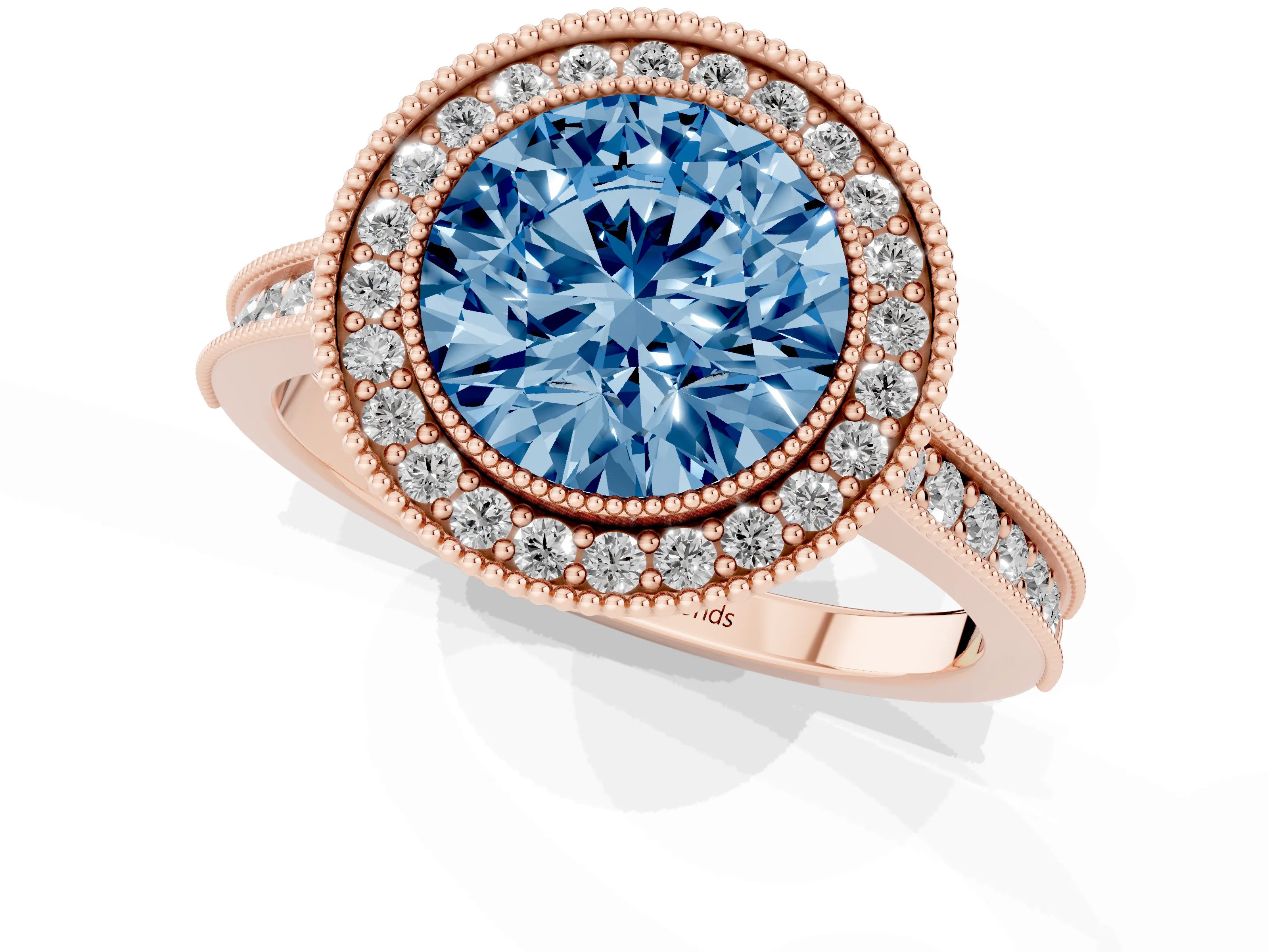 Fancy Blue Round Cut Diamond Halo Milgrain Pavé Band Ring Set in Rose gold with Prong Setting