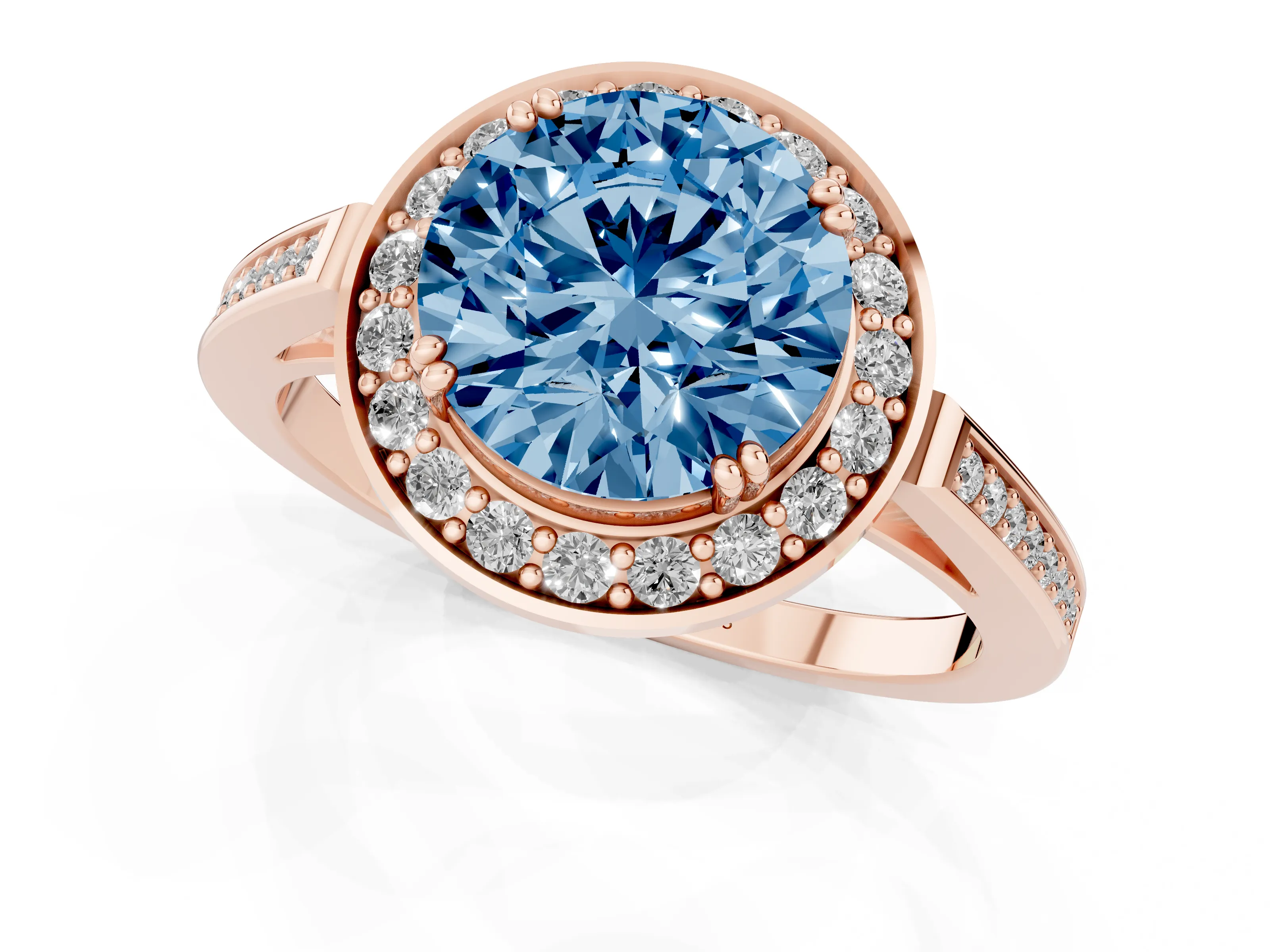 Fancy Blue Round Cut Diamond Halo Ring Set in Rose gold with Accent-Lined Split Shank and Prong Setting