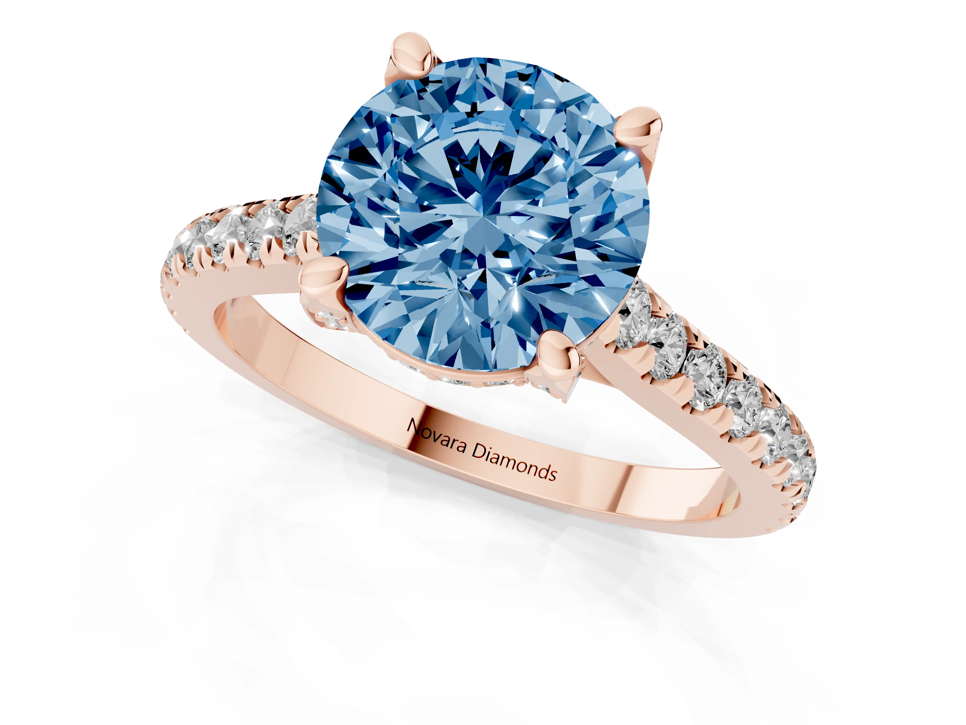Fancy Blue Round Cut Diamond Solitaire Ring Set in Rose gold with Brilliant Pavé Band and Prong Setting