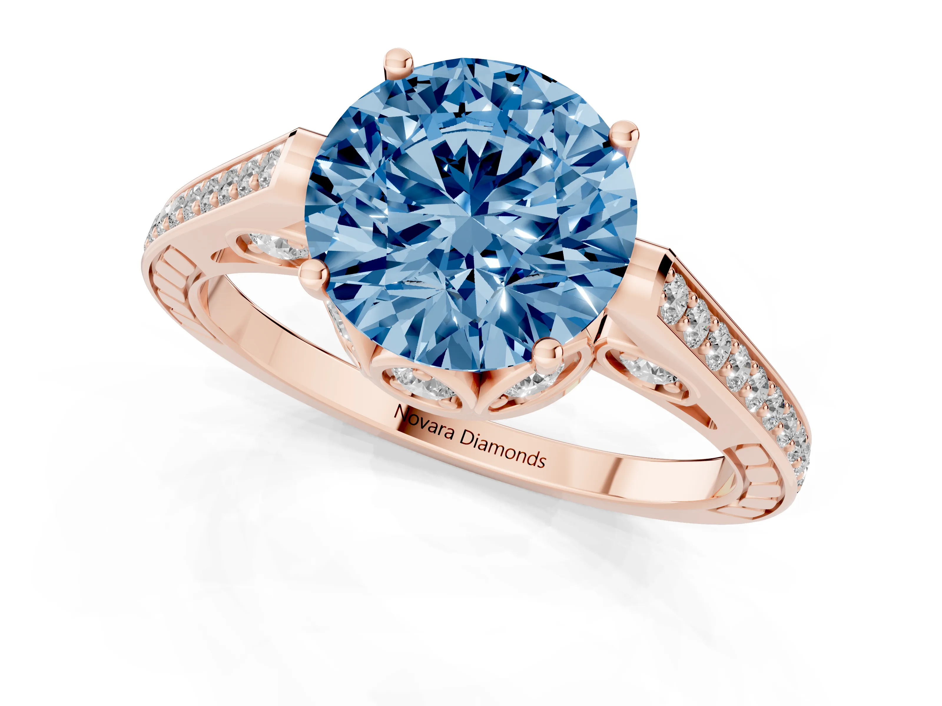 Fancy Blue Round Cut Diamond Cathedral Pavé Engagement Ring Set in Rose gold with Prong Setting