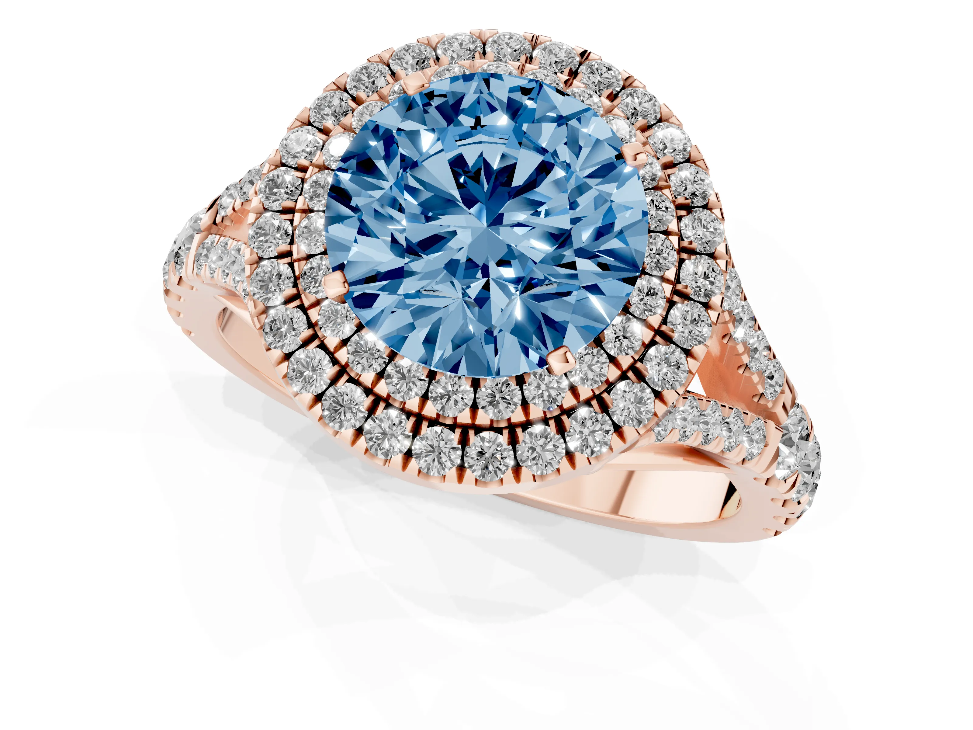 Fancy Blue Round Cut Diamond Pavé Split Shank Double Halo Engagement Ring Set in Rose gold