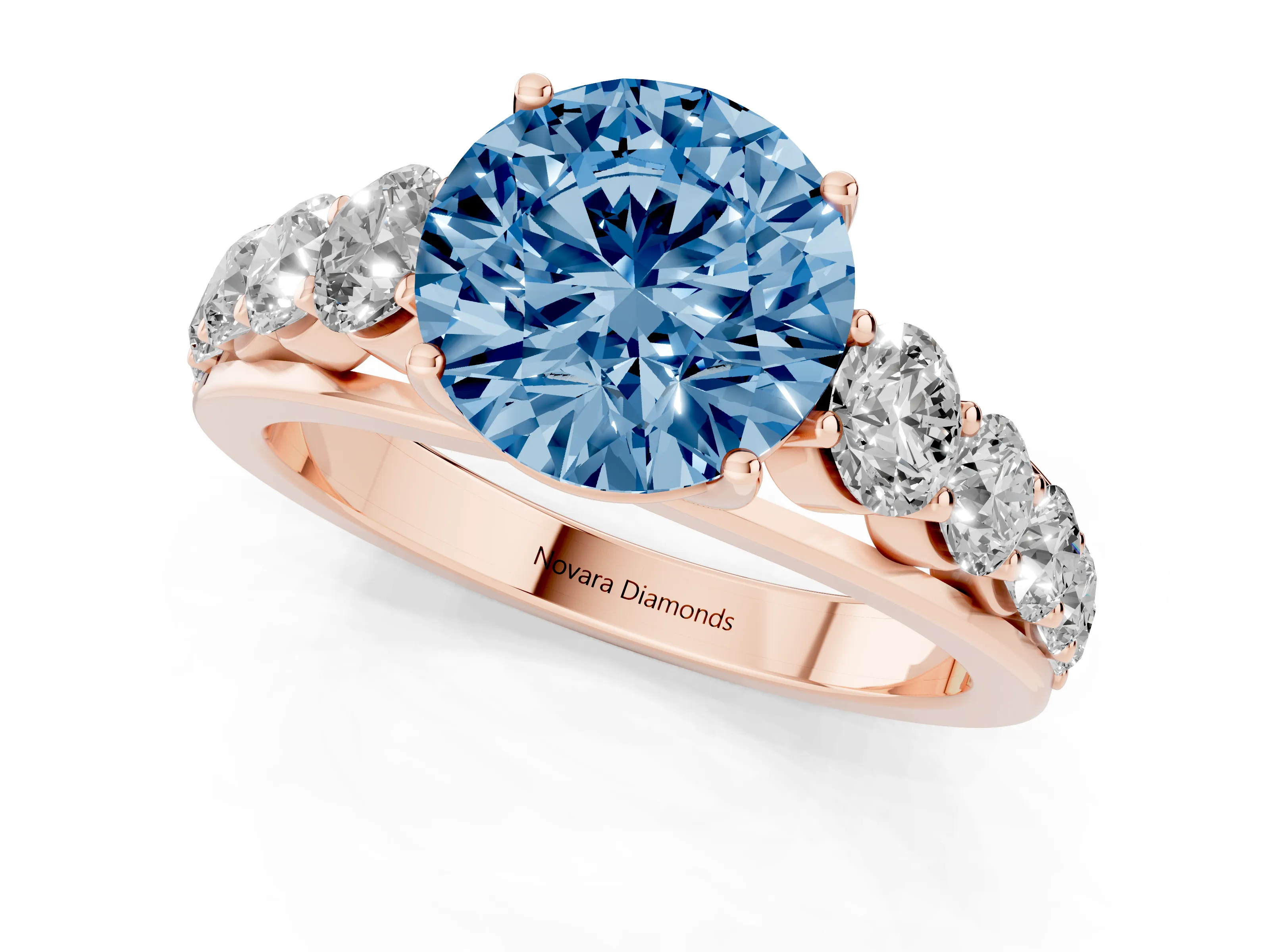 Fancy Blue Round Cut Diamond Solitaire Ring Set in Rose gold with Pavé-Set Band and Prong Setting