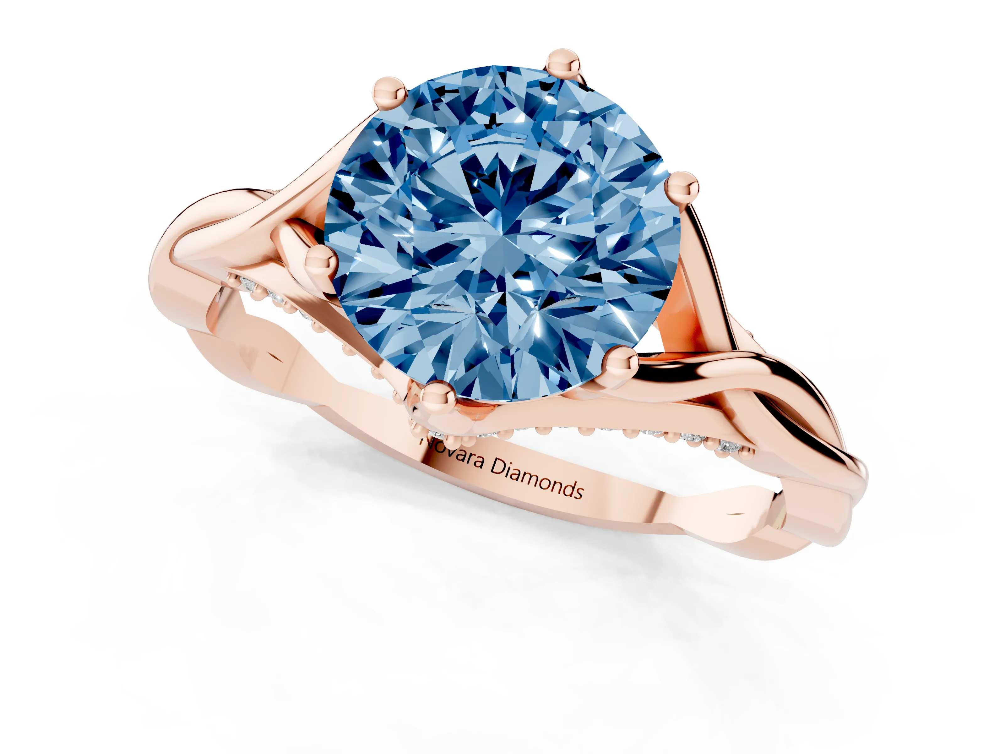 Fancy Blue Round Cut Diamond Intertwined Twist Band Solitaire Ring Set in Rose gold with Prong Setting