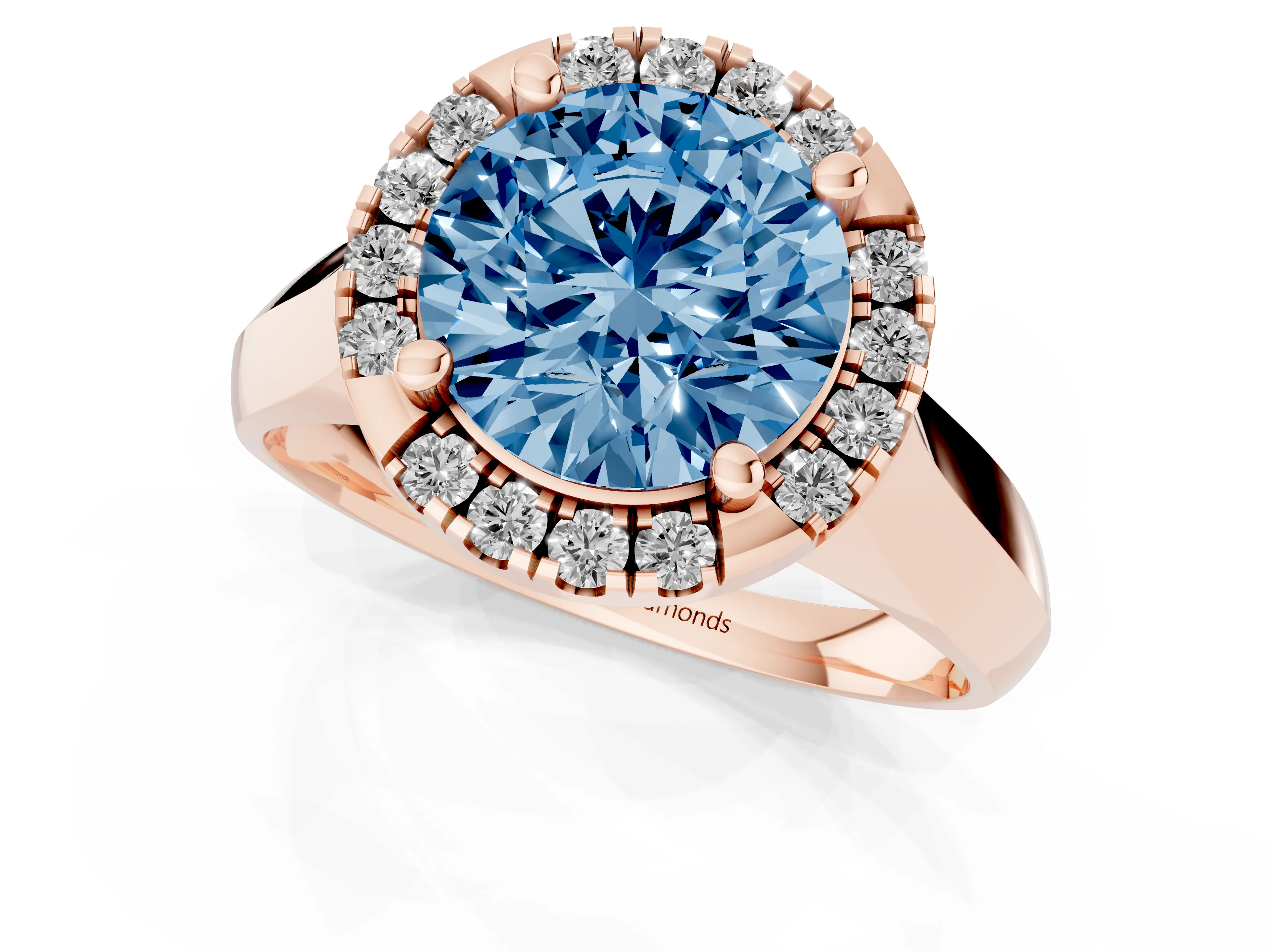 Fancy Blue Round Cut Diamond Halo Solitaire Engagement Ring Set in Rose gold with Square Band and Prong Setting