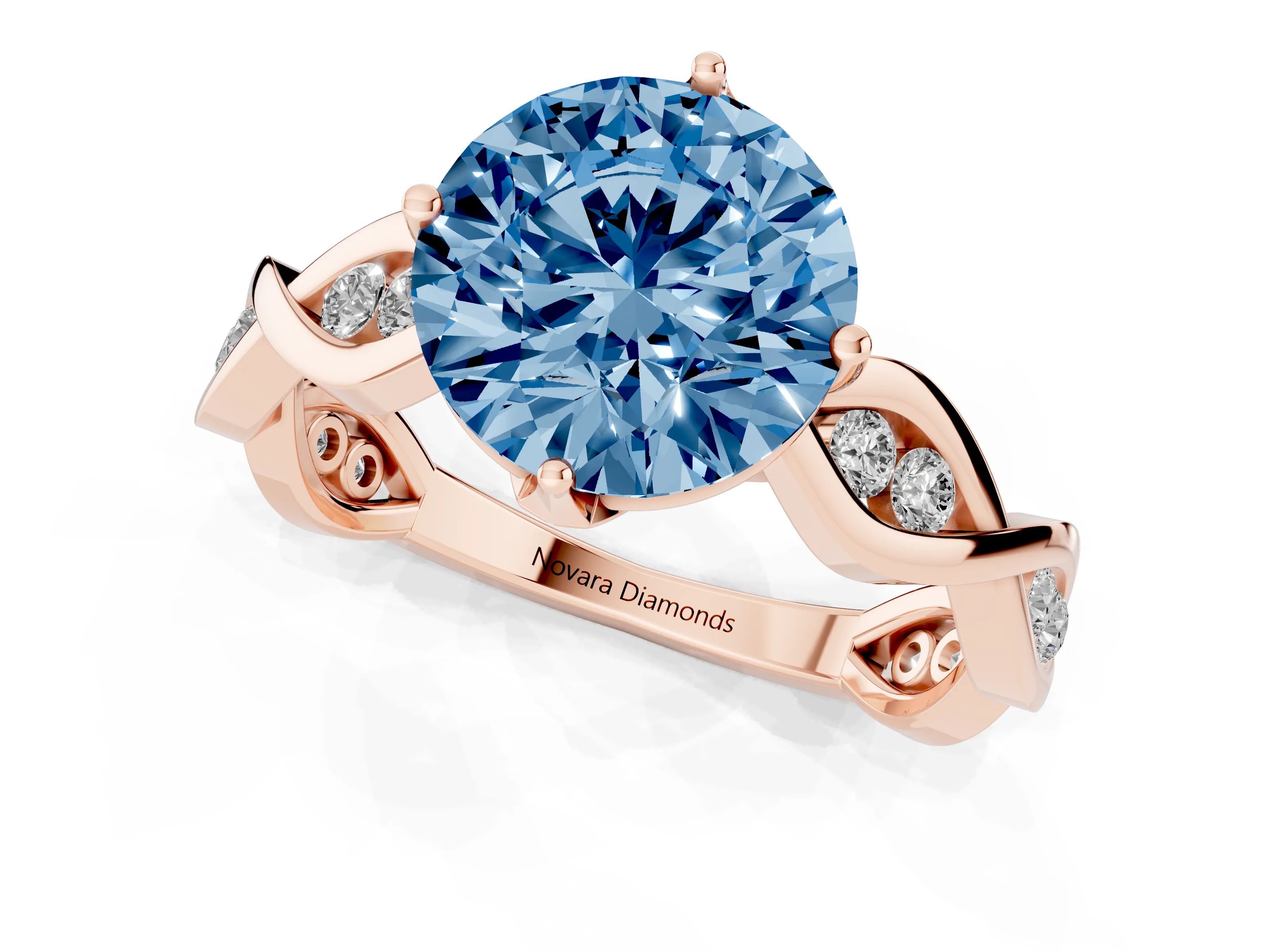 Fancy Blue Round Cut Diamond Twist Band Solitaire Ring Set in Rose gold with Leaf Prong Setting and Accent Stones