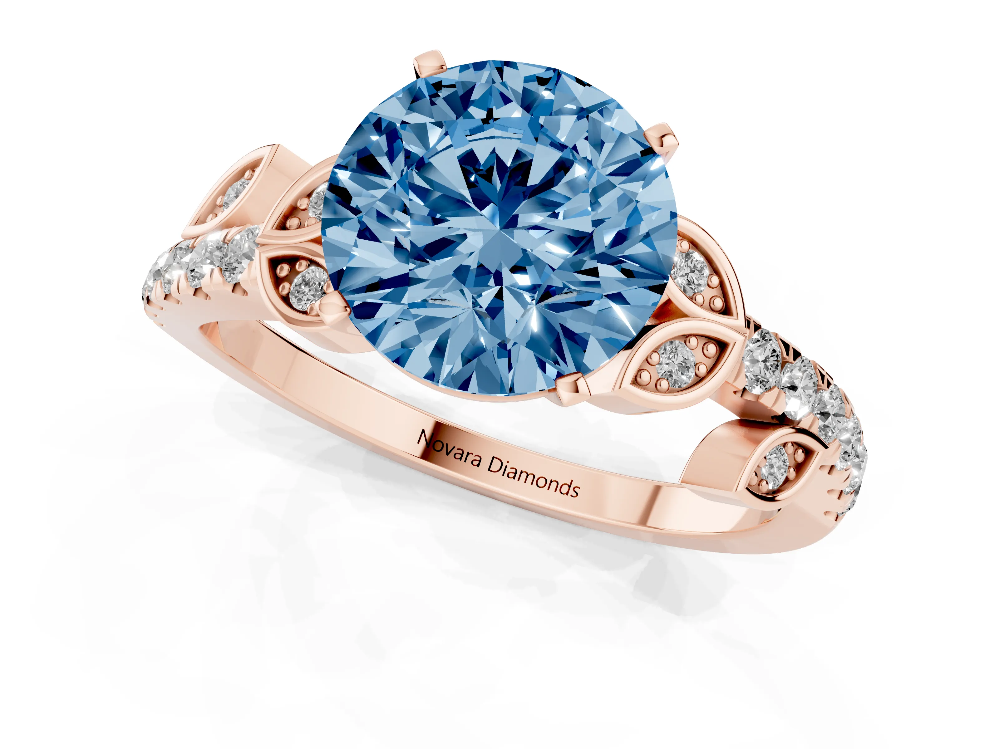 Fancy Blue Round Cut Diamond Solitaire Leaf-Inspired Ring Set in Rose gold with Pavé Band and Prong Setting