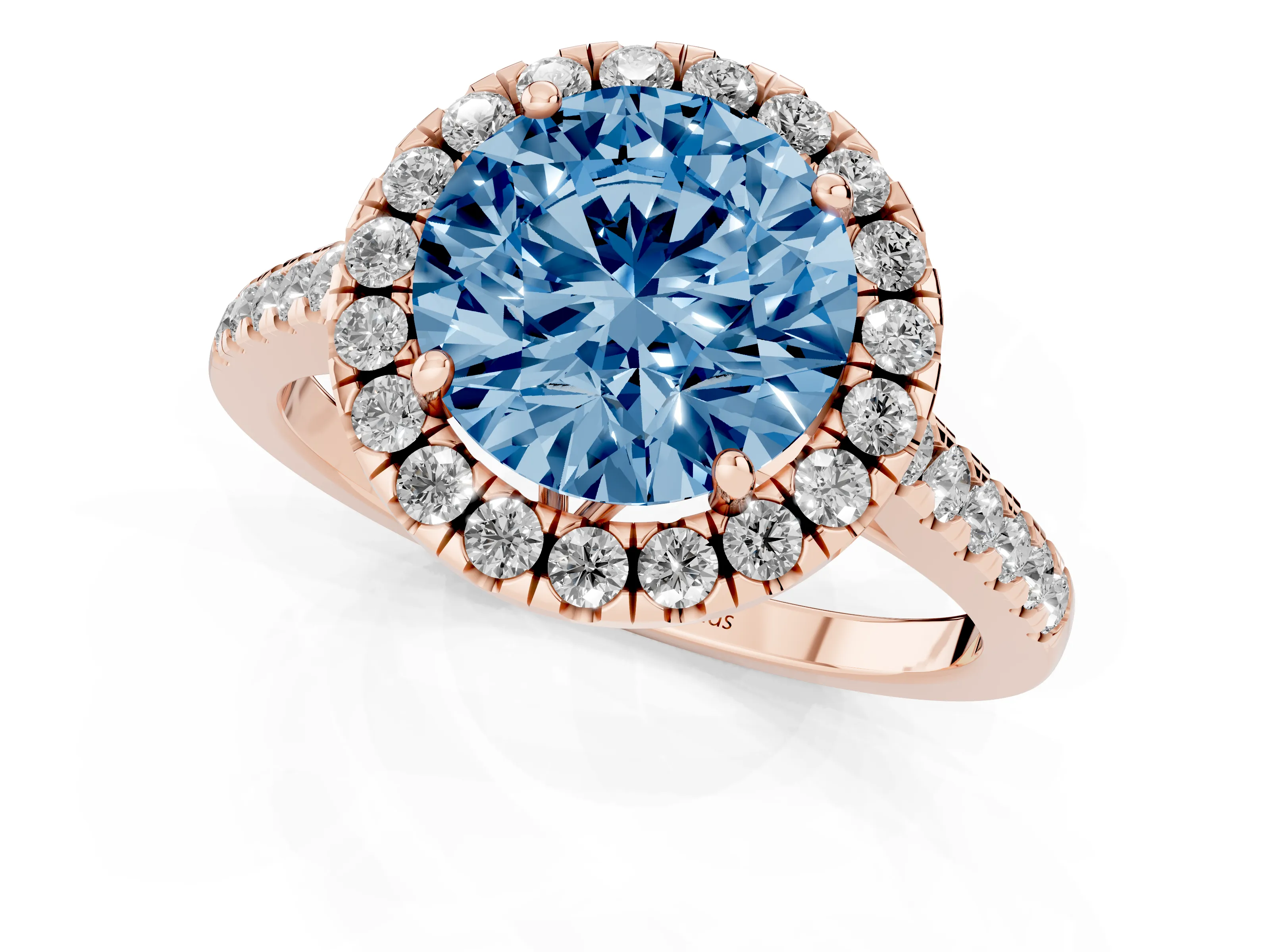 Fancy Blue Round Cut Diamond Pavé Halo Engagement Ring Set in Rose gold with Pavé Band and Prong Setting