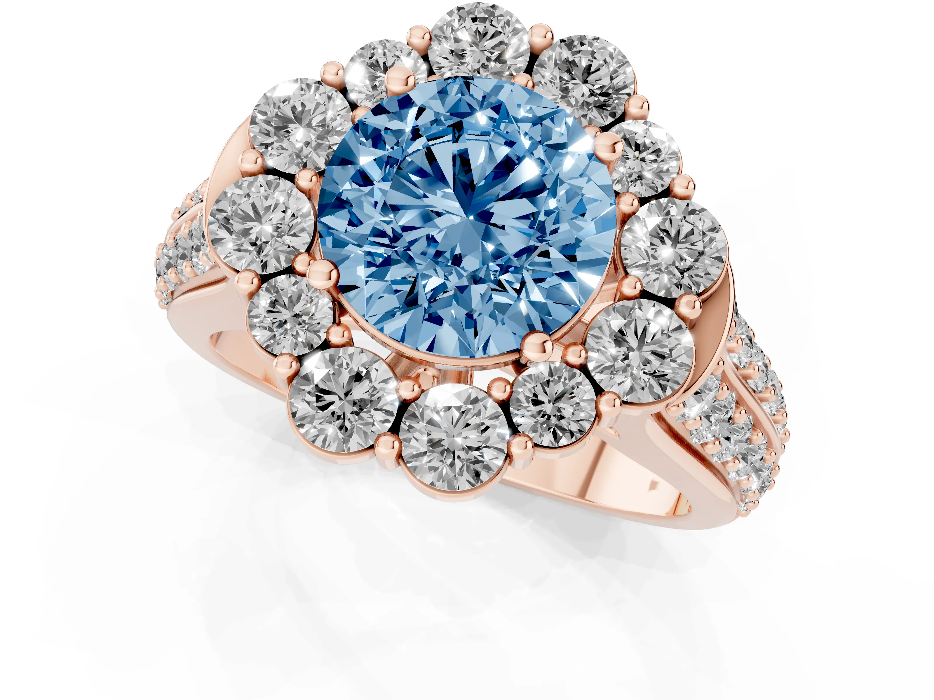 Fancy Blue Round Cut Diamond Halo Engagement Ring Set in Rose gold with Split Shank and Prong Setting