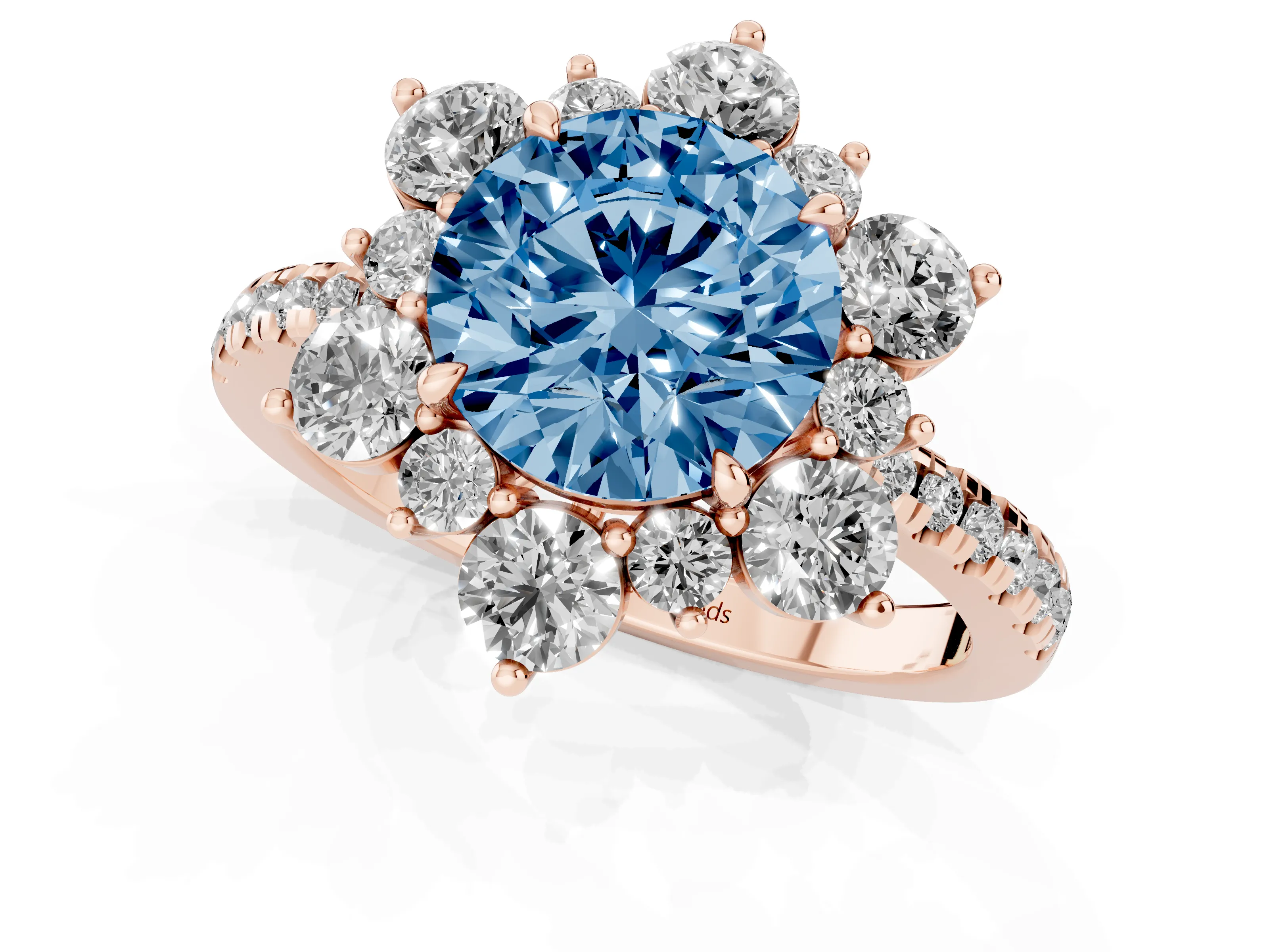 Fancy Blue Round Cut Diamond Floral Halo Ring Set in Rose gold with Round Pavé Band and Prong Setting