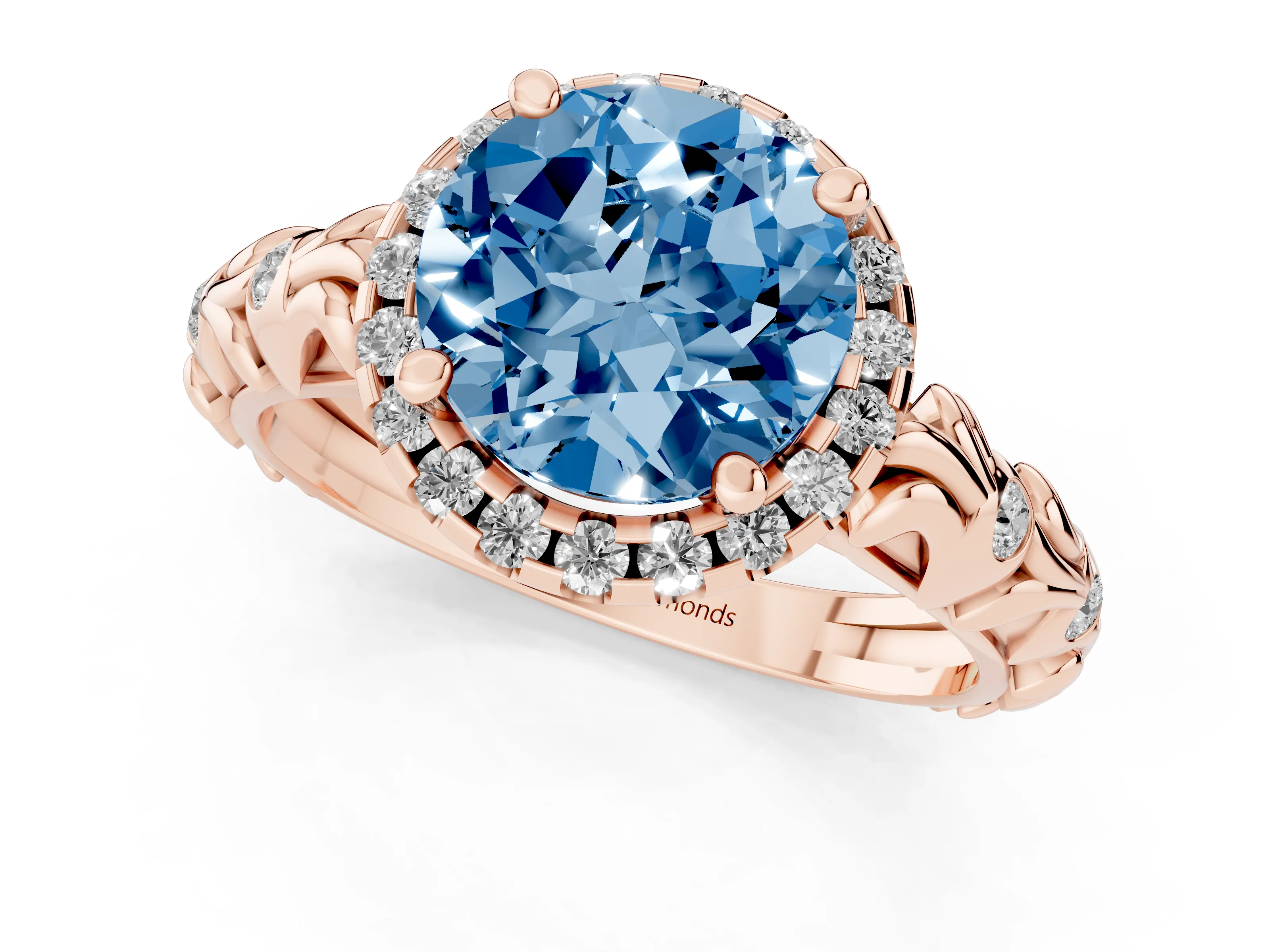Fancy Blue Round Cut Diamond Halo Ring Set in Rose gold with Filigree Leaf Band and Prong Setting