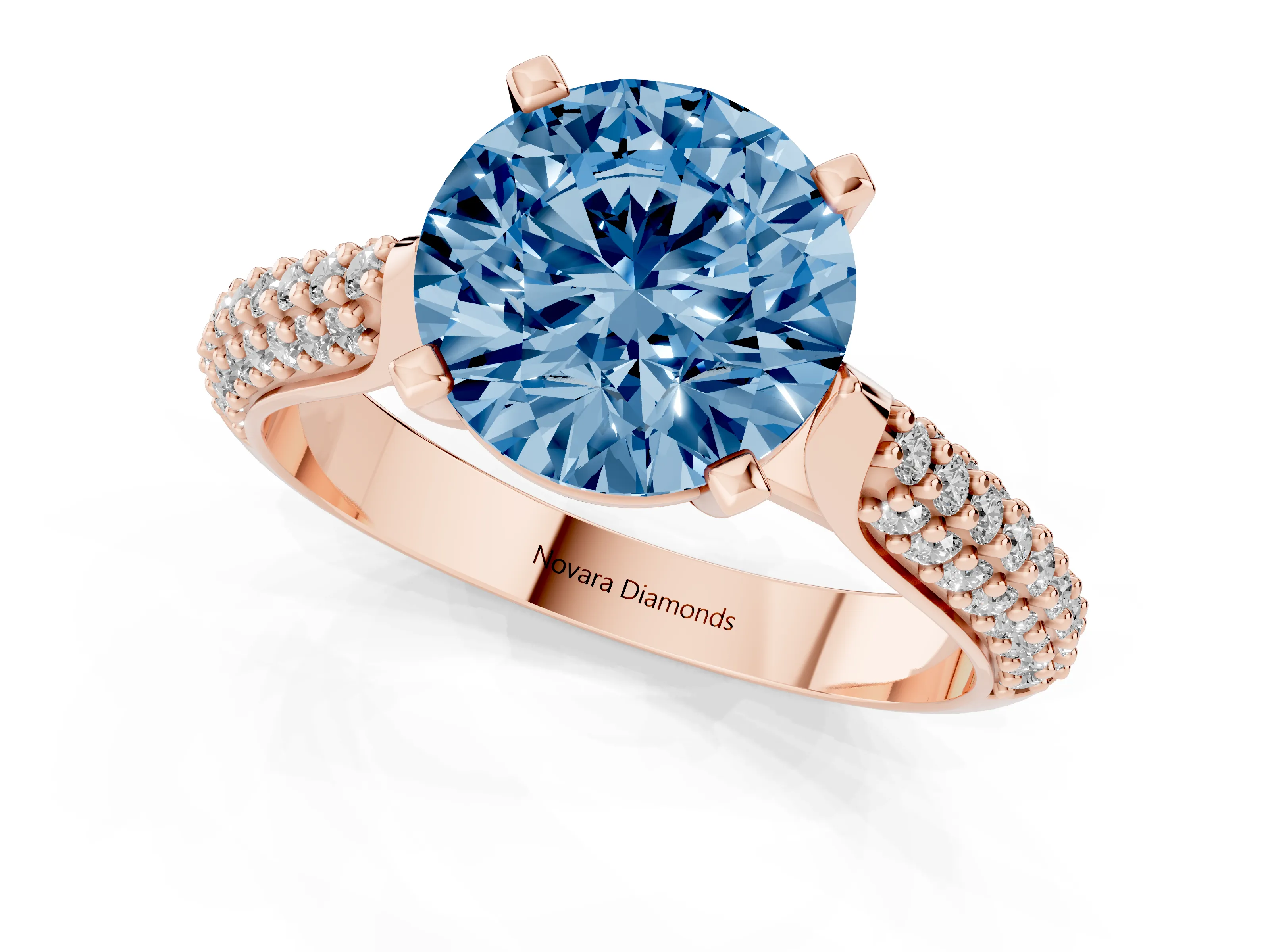 Fancy Blue Round Cut Diamond Solitaire Engagement Ring Set in Rose gold with Multi-Row Round Pavé Band and Prong Setting