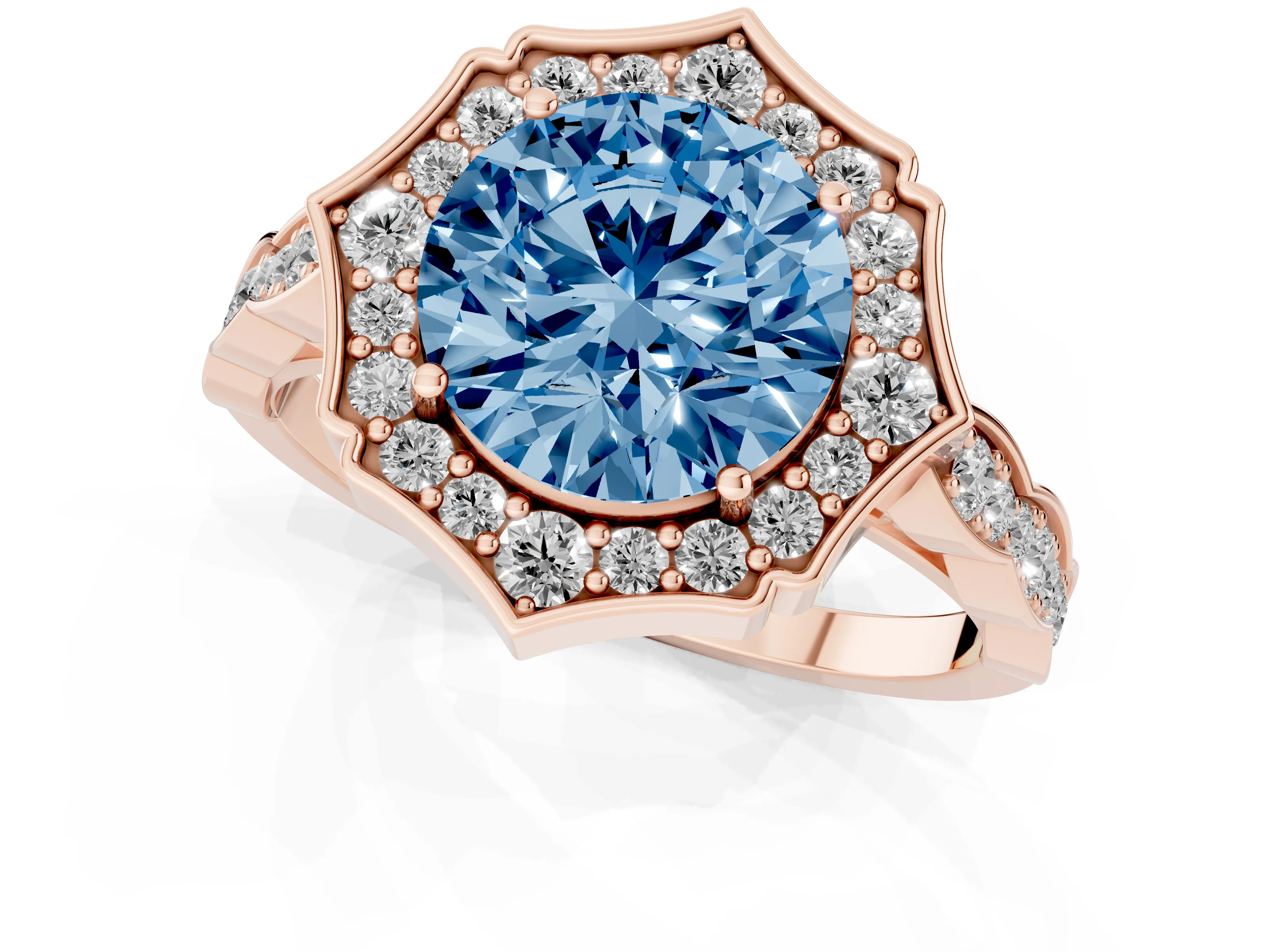 Fancy Blue Round Cut Diamond Halo Engagement Ring Set in Rose gold with Milgrain Band and Prong Setting