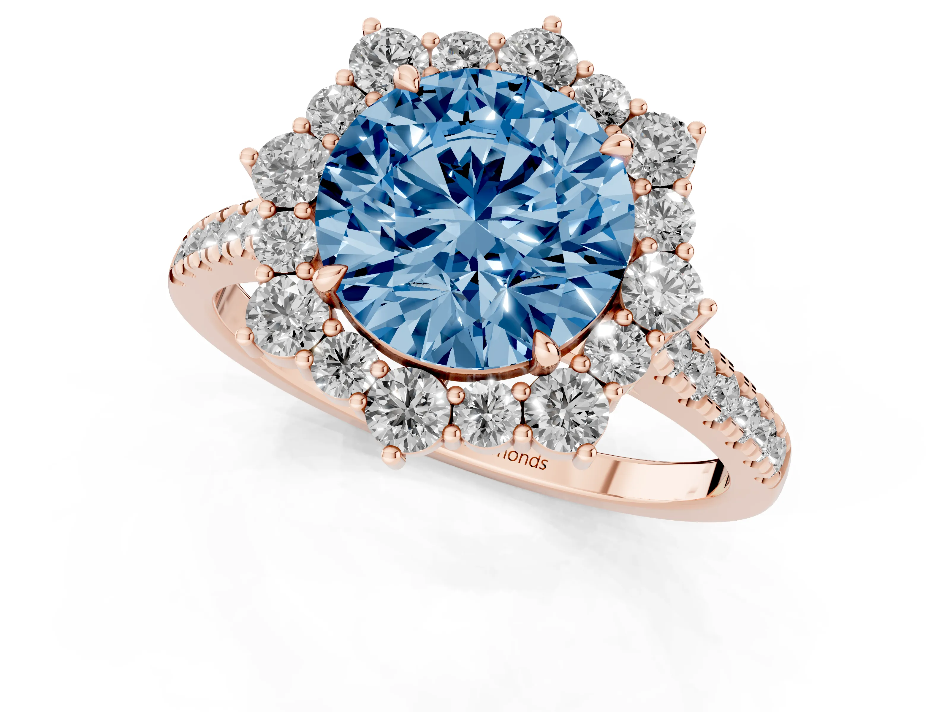 Fancy Blue Round Cut Diamond Halo Ring Set in Rose gold with Pavé Band and Prong Setting