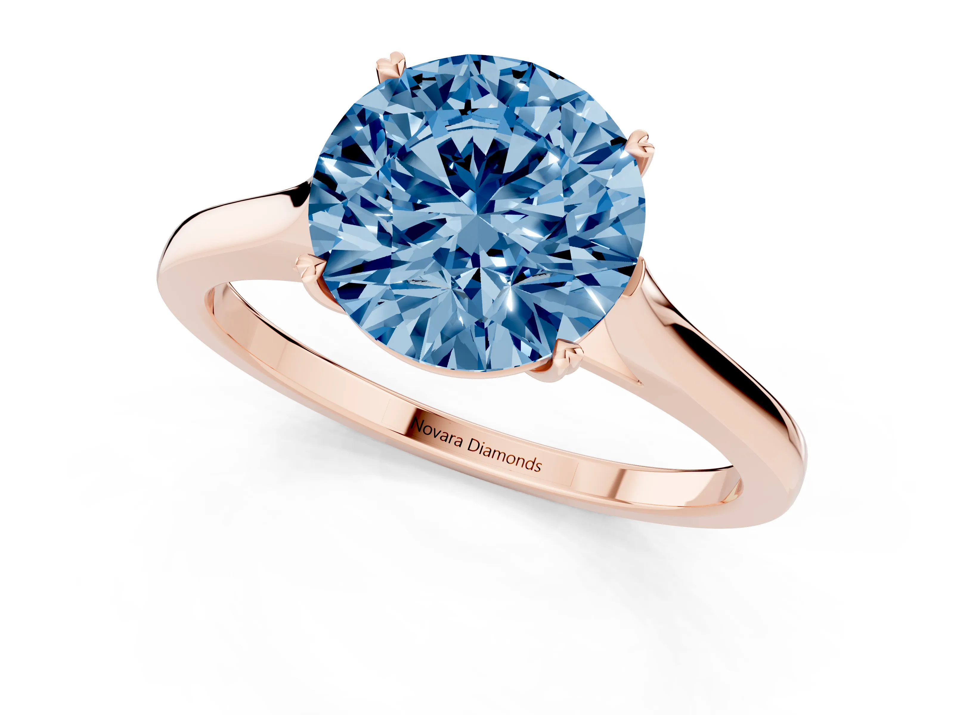 Fancy Blue Round Cut Diamond Solitaire Heart Prong Engagement Ring Set in Rose gold with Tapered Band