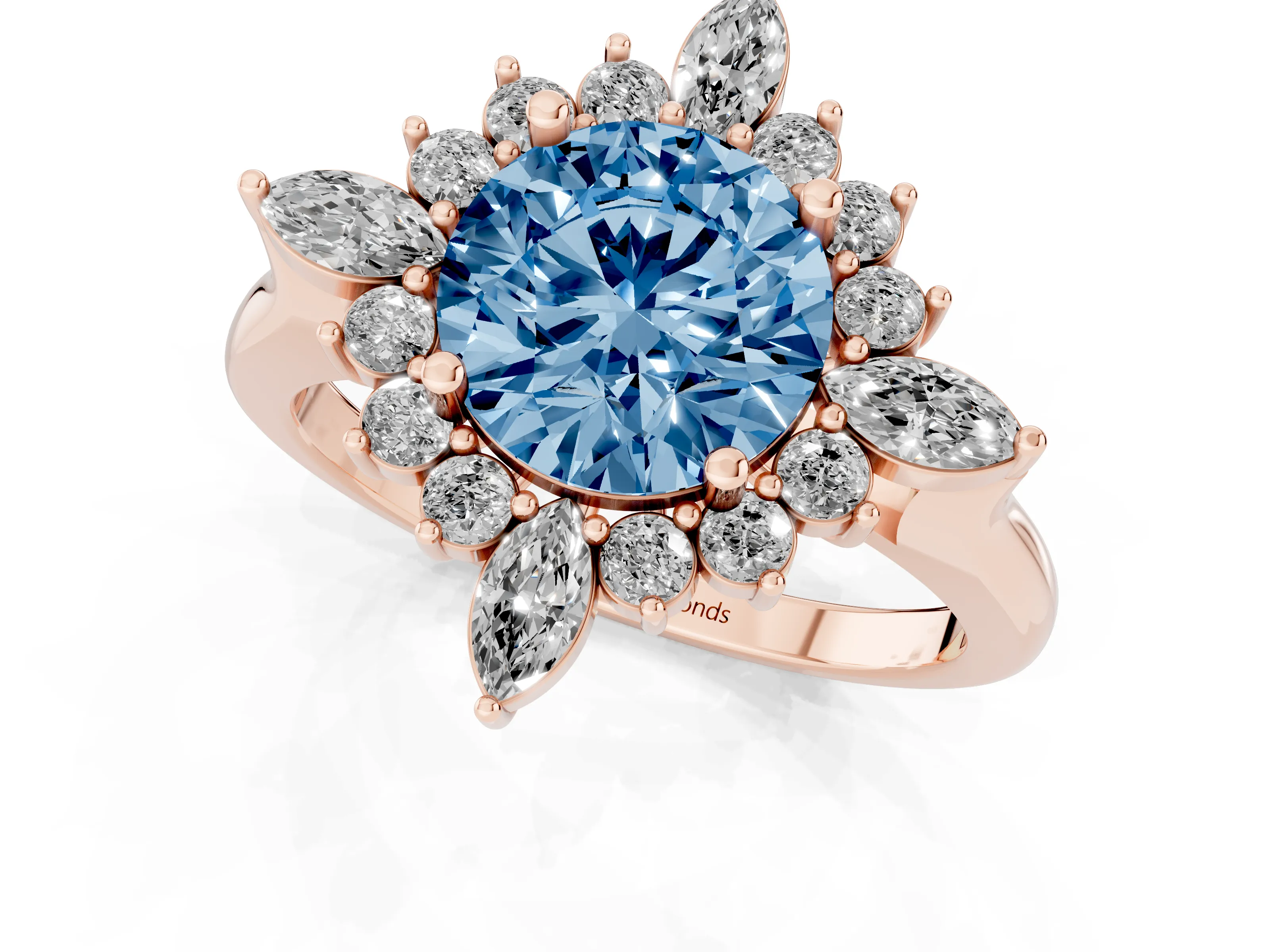 Fancy Blue Round Cut Diamond Cluster Halo Ring Set in Rose gold with Marquise and Round Accents