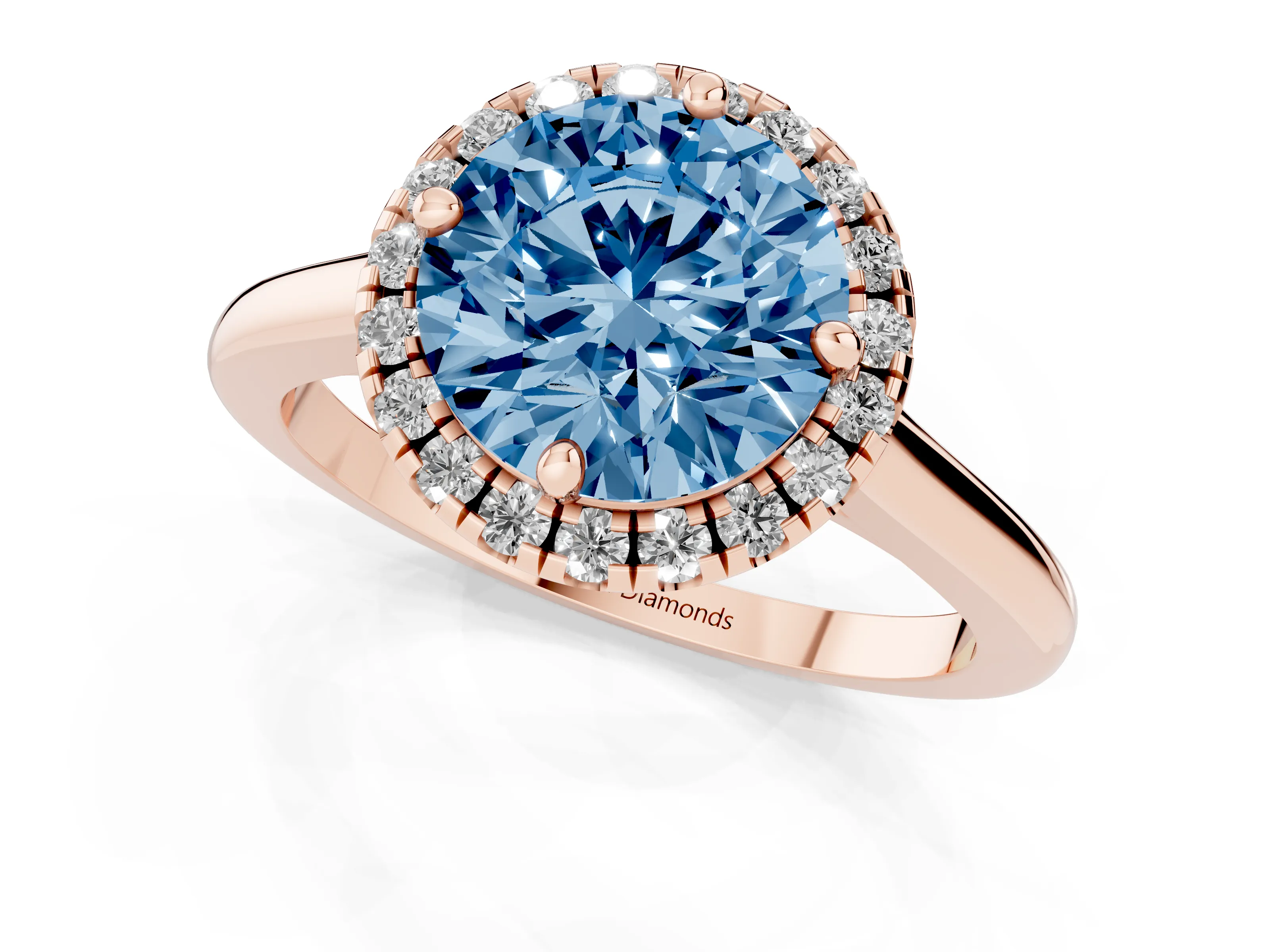 Fancy Blue Round Cut Diamond Halo Engagement Ring Set in Rose gold with Pavé Band and Rising Shoulders