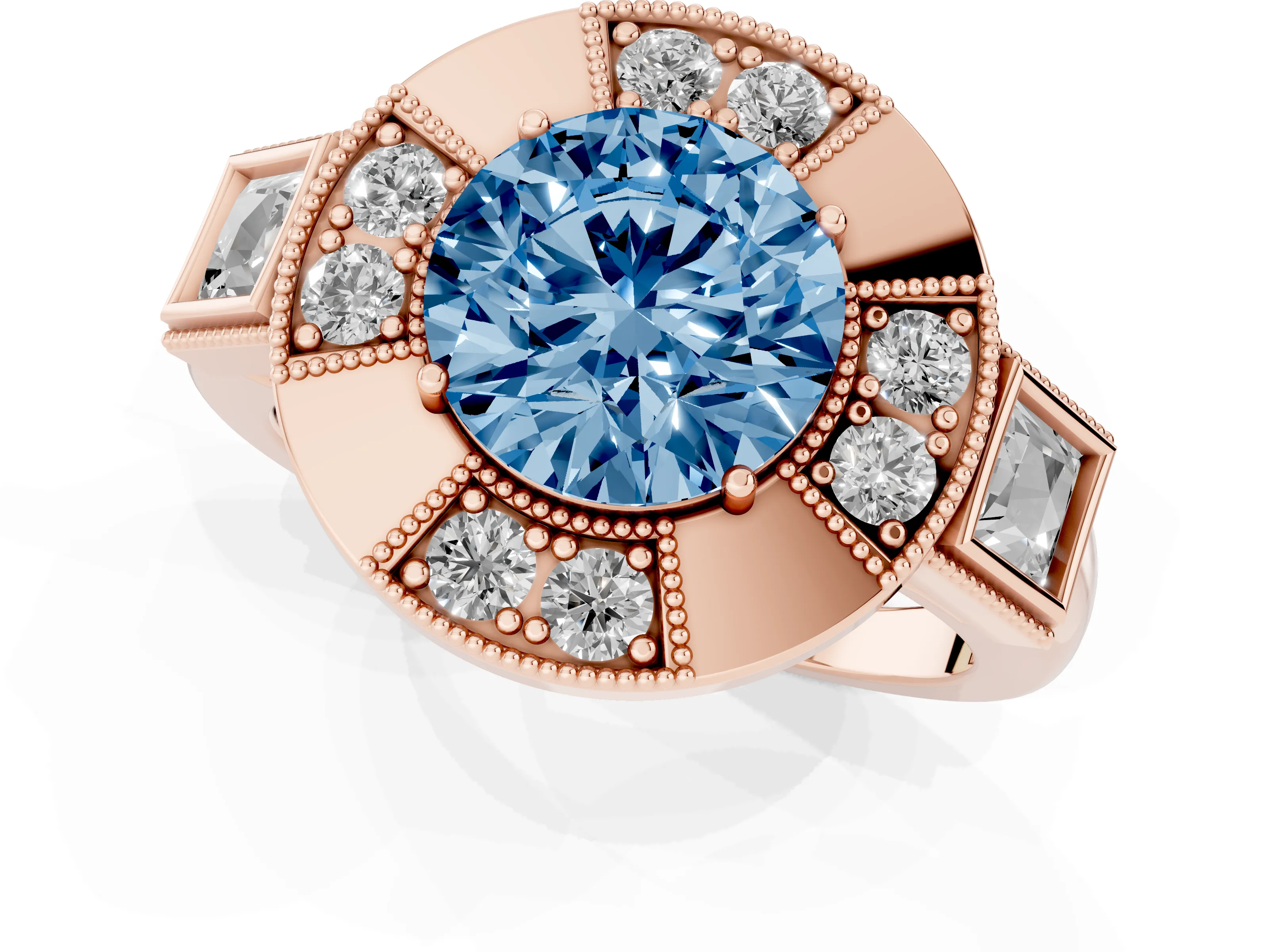 Fancy Blue Round Cut Diamond Milgrain Halo Ring Set in Rose gold with Split Shank
