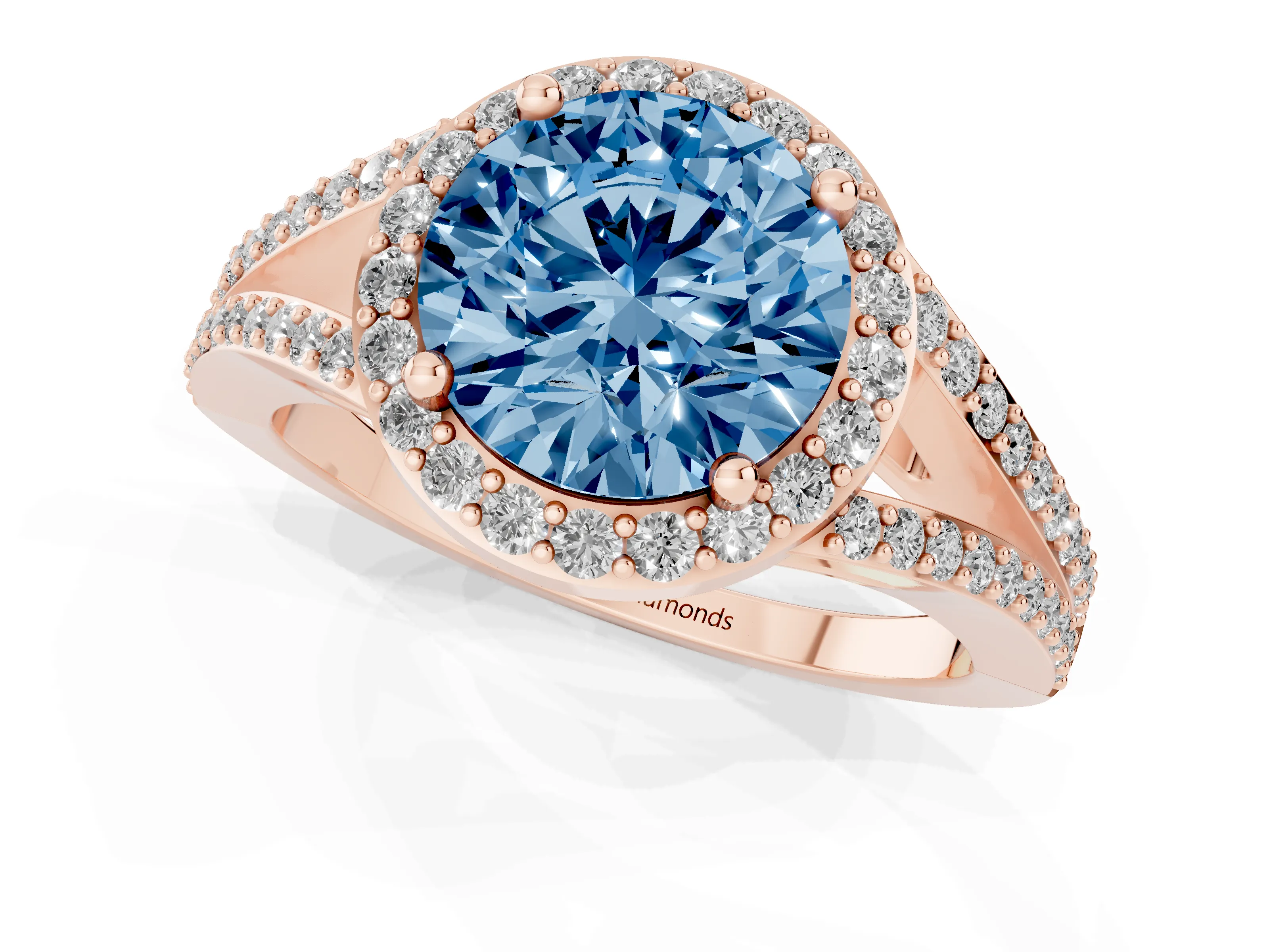 Fancy Blue Round Cut Diamond Halo Split Shank Pavé Ring Set in Rose gold with Prong Setting