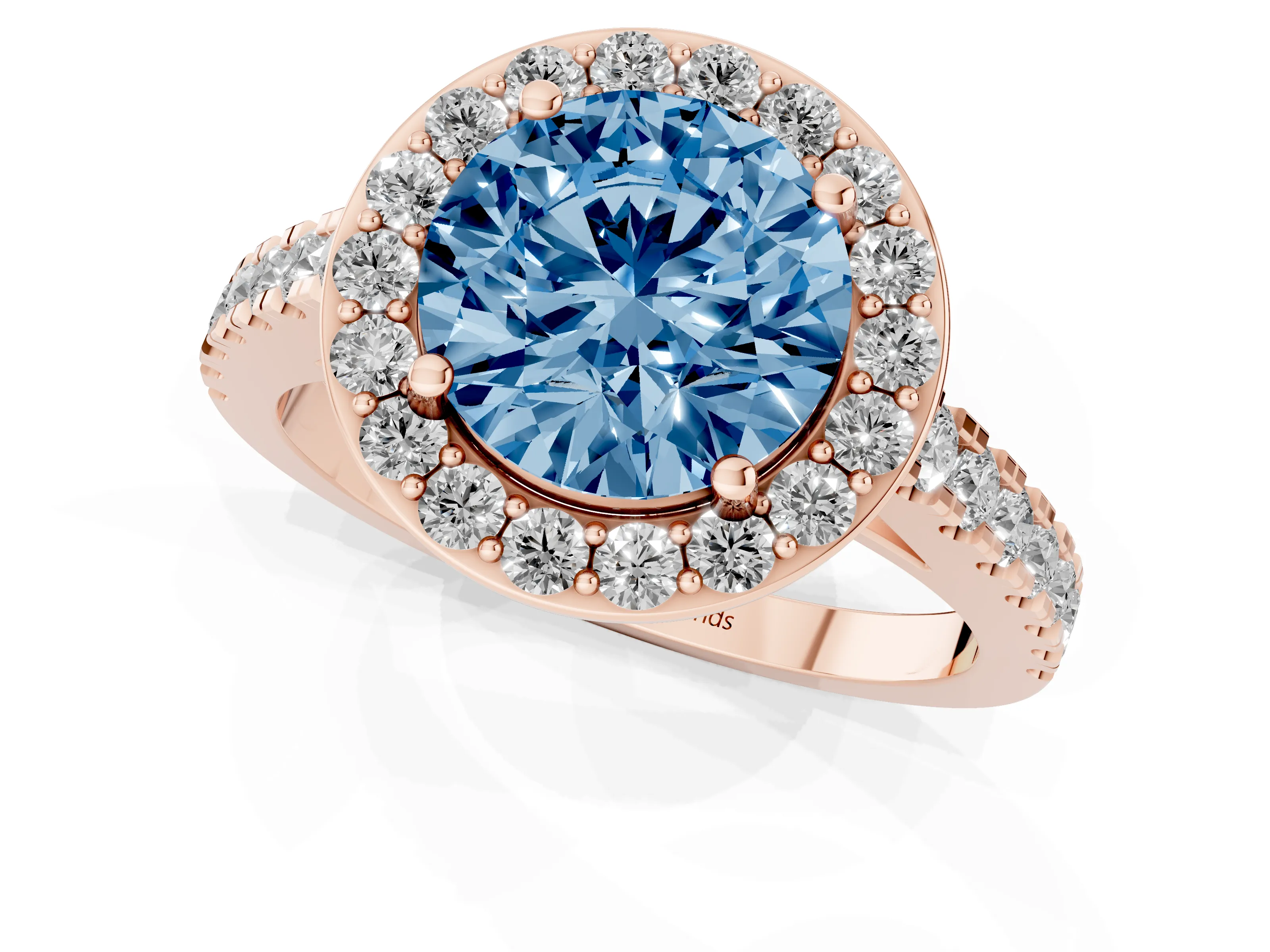 Fancy Blue Round Cut Diamond Halo Ring Set in Rose gold with Round Pavé Split Shank and Prong Setting