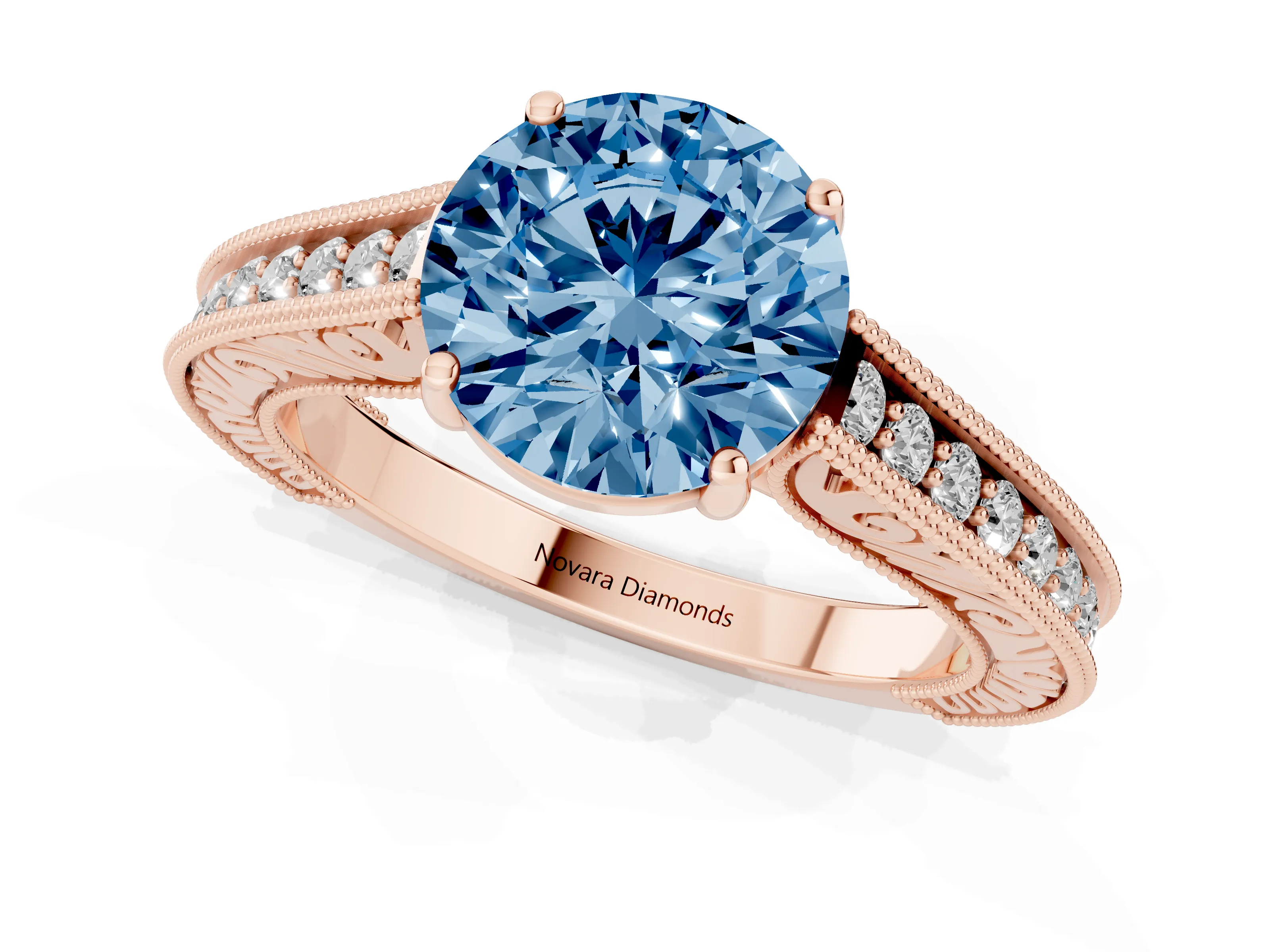 Fancy Blue Round Cut Diamond Milgrain Pavé Band Solitaire Ring Set in Rose gold with Prong Setting