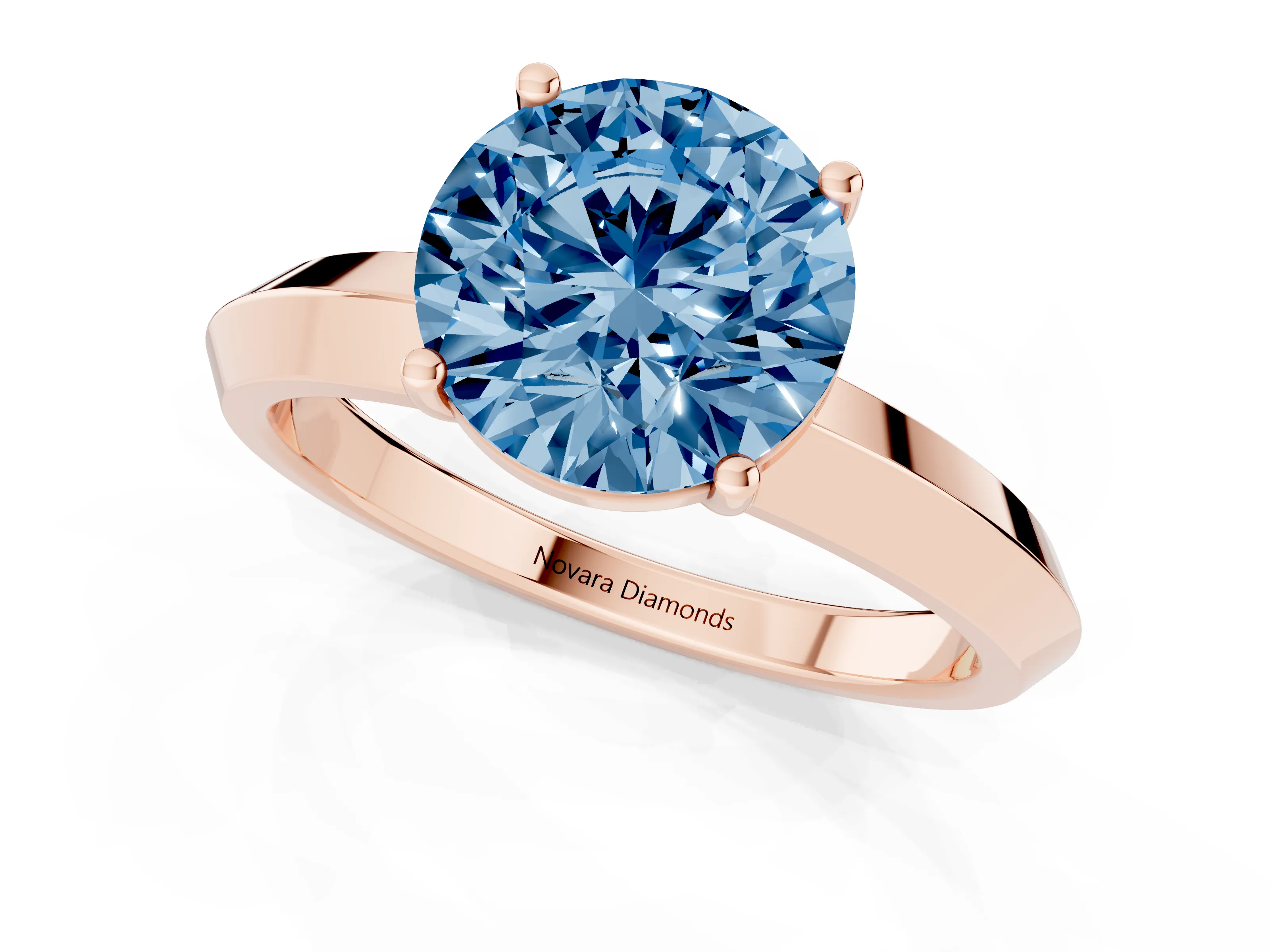 Fancy Blue Round Cut Diamond Solitaire Engagement Ring Set in Rose gold with Flat Band and Prong Setting