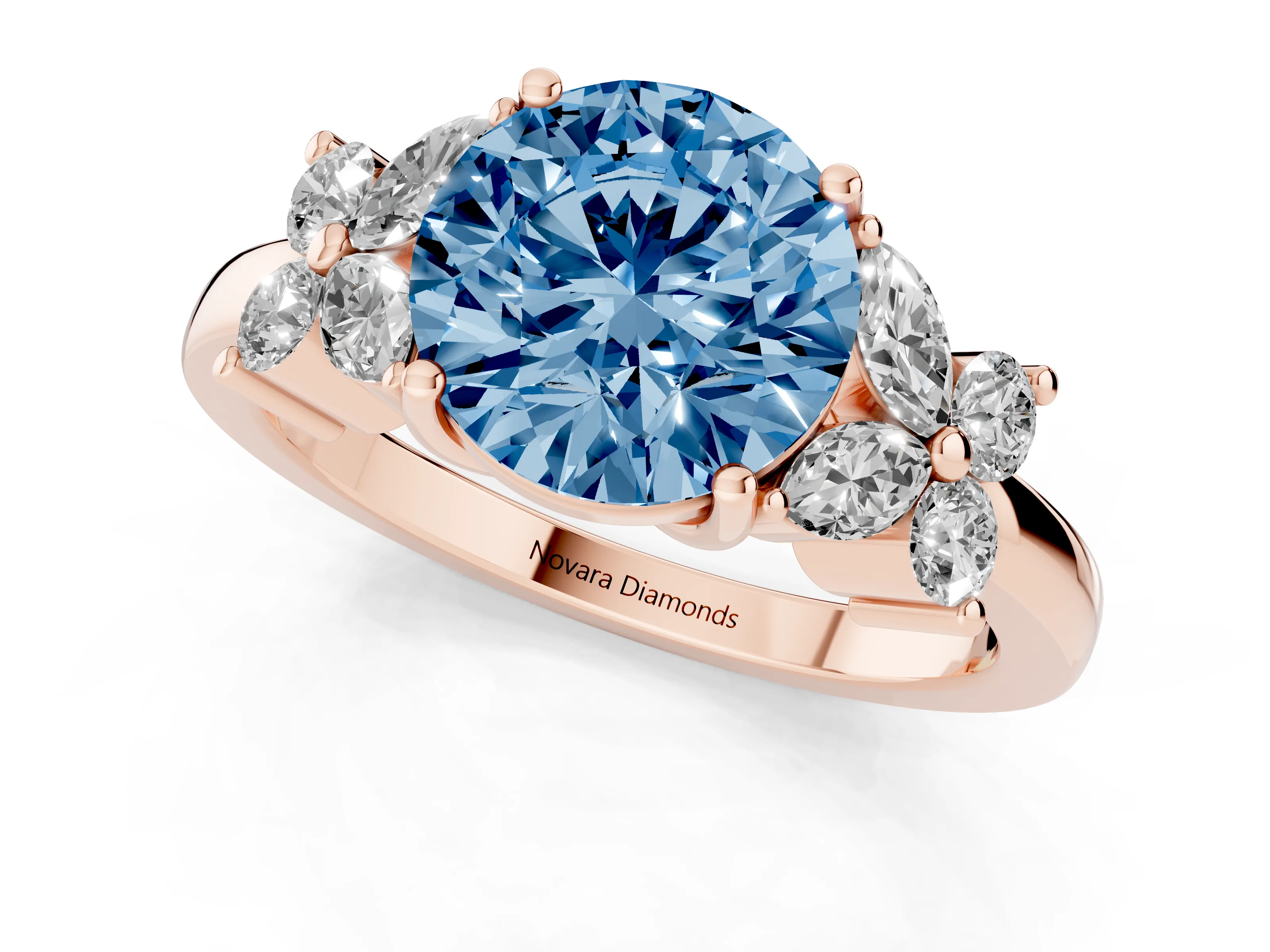 Fancy Blue Round Cut Diamond Floral Cluster Ring Set in Rose gold with Marquise Petals and Prong Setting