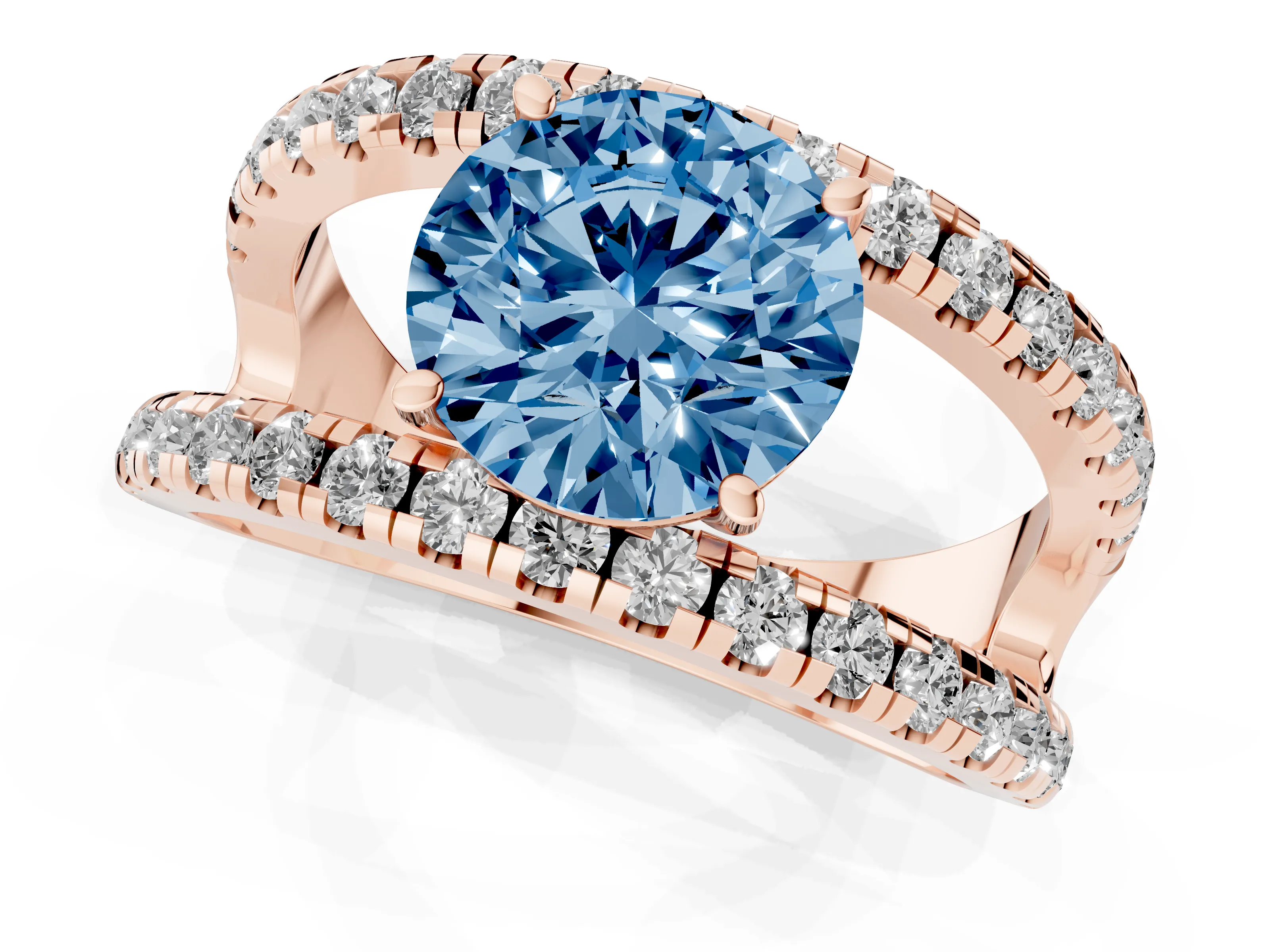Fancy Blue Round Cut Diamond Split Shank Pavé Solitaire Ring Set in Rose gold with Open Shank Design