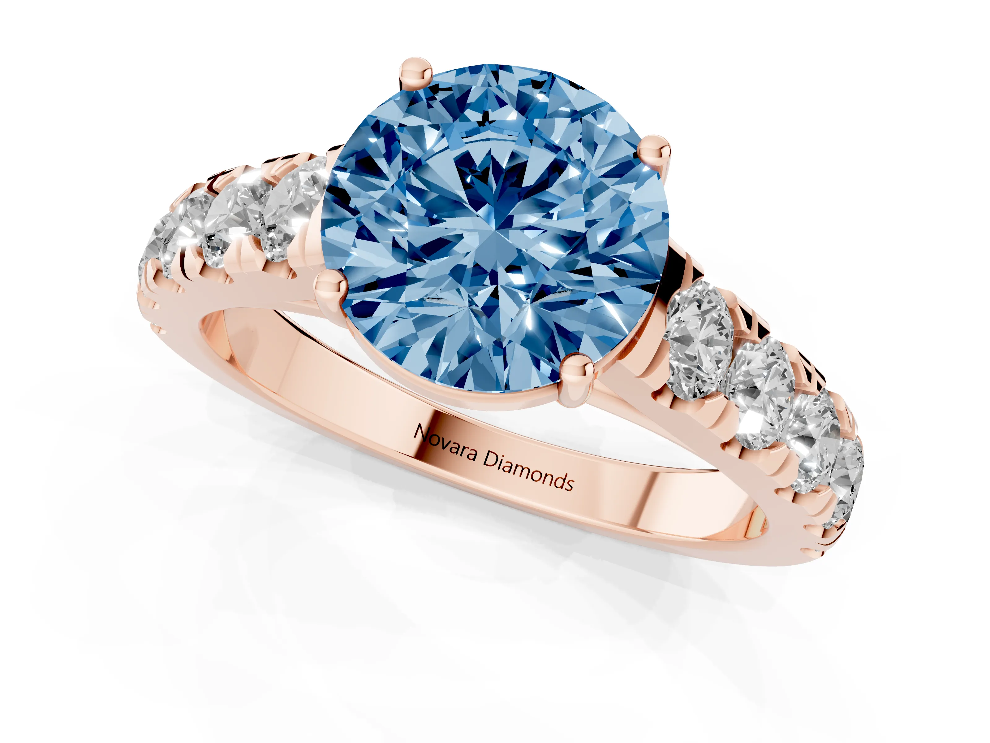 Fancy Blue Round Cut Diamond Solitaire Ring Set in Rose gold with Cut-Down Micro Pavé Band and Prong Setting