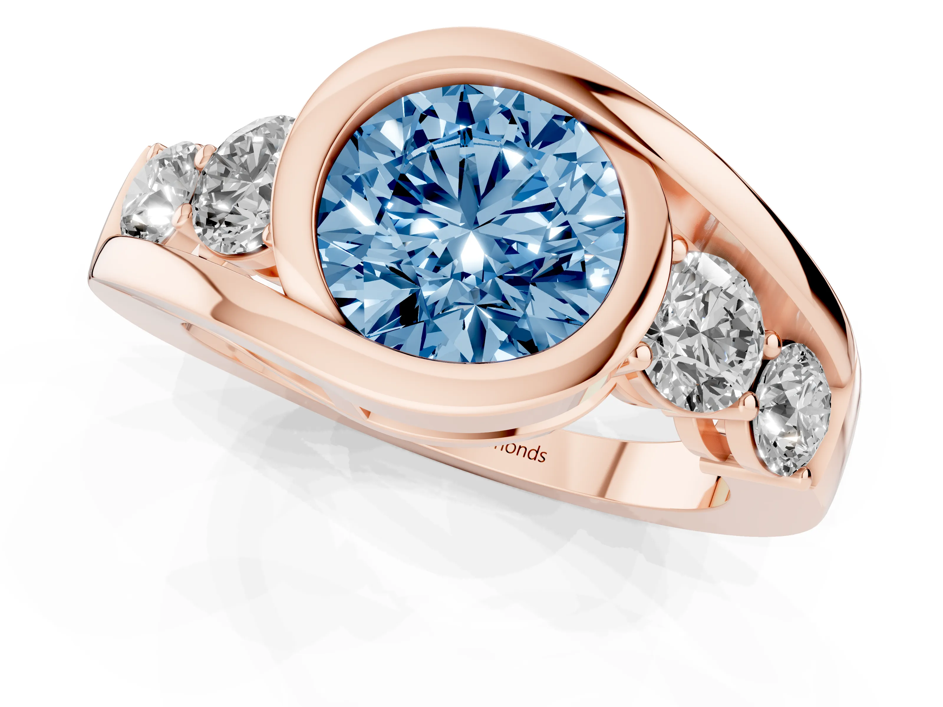 Fancy Blue Round Cut Diamond Bezel Bypass Ring Set in Rose gold with Round Accents