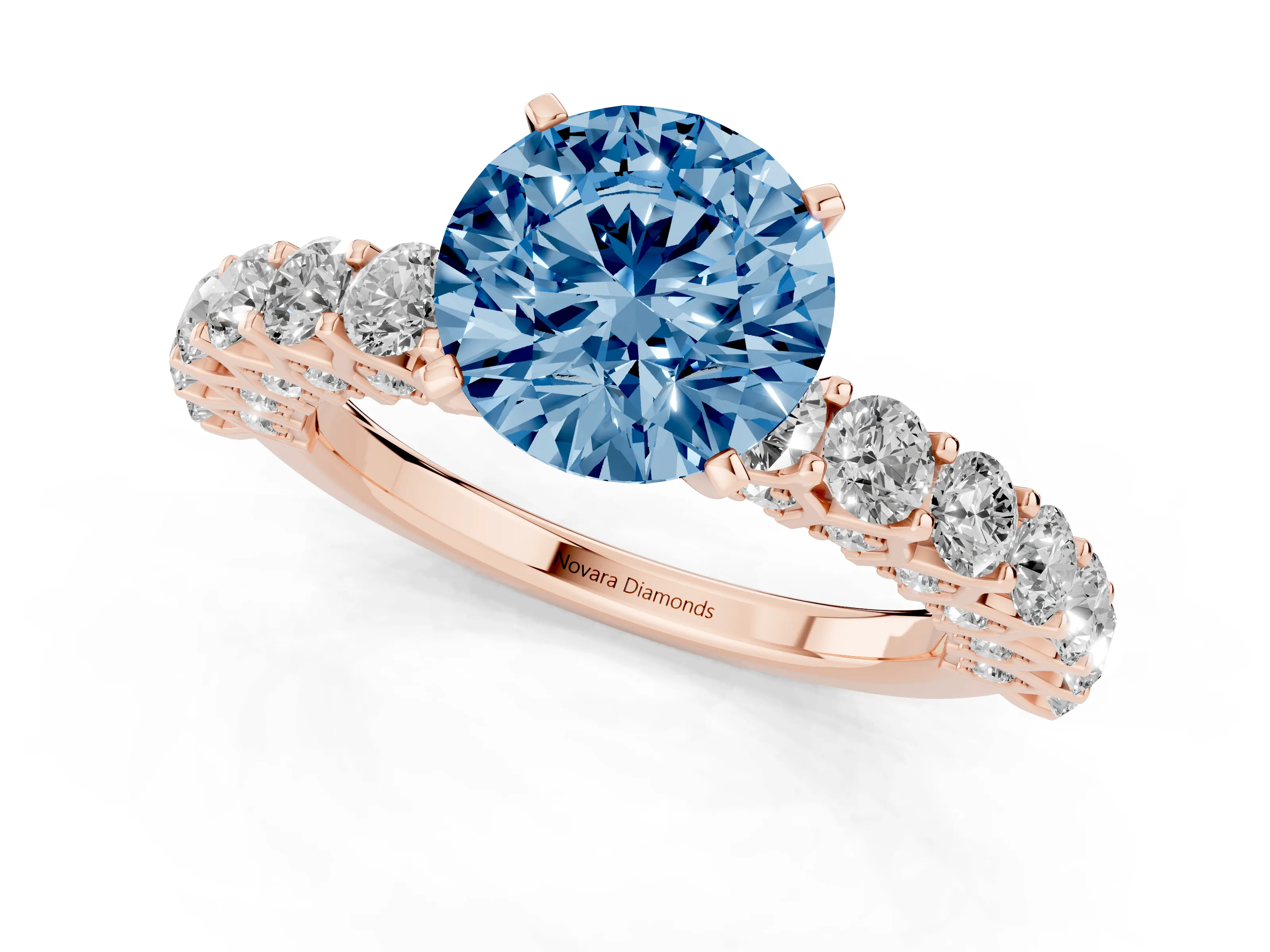Fancy Blue Round Cut Diamond Solitaire Ring Set in Rose gold with Shared Prong Pavé Band