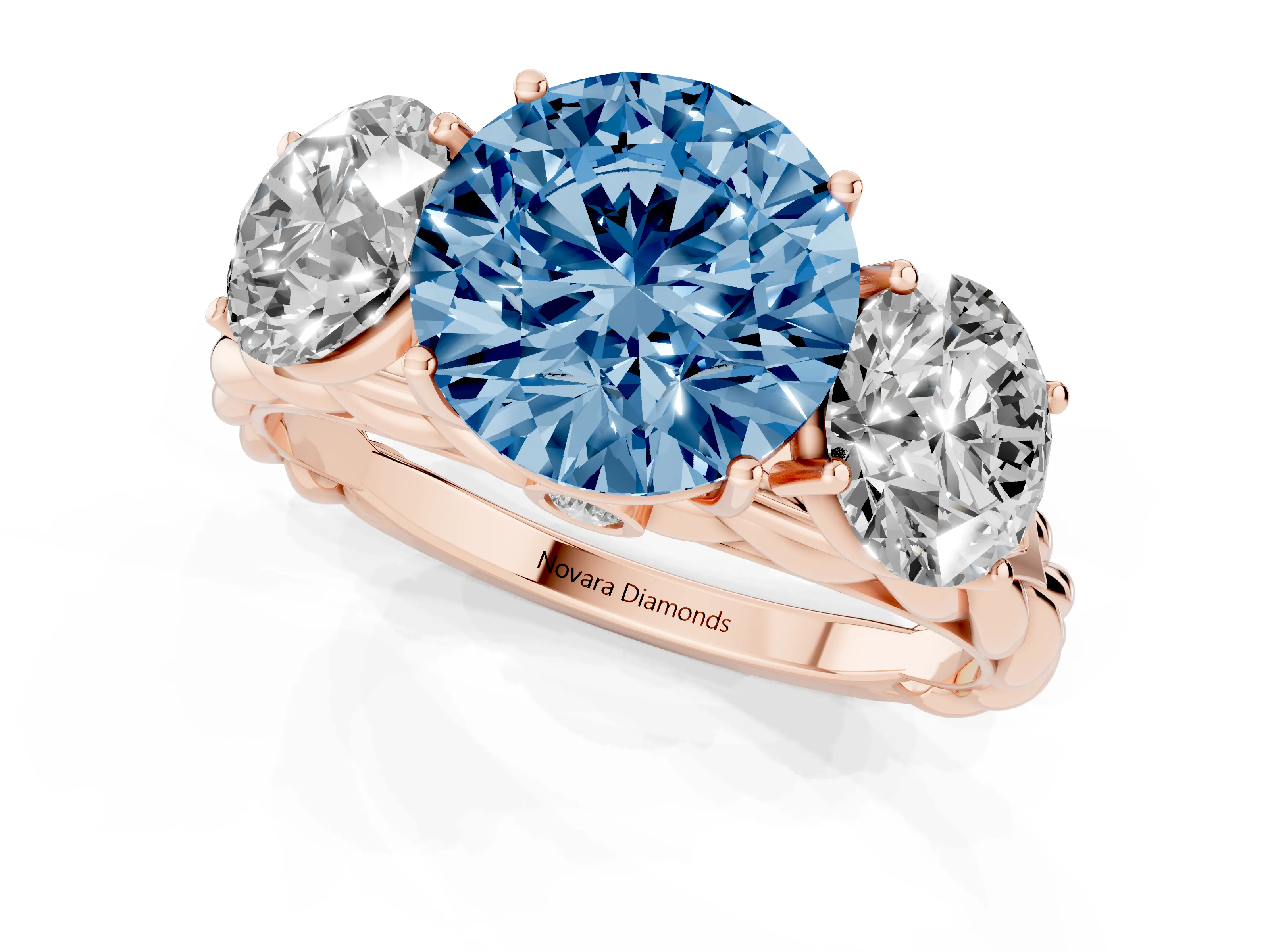 Fancy Blue Round Cut Diamond Three-Stone Ring Set in Rose gold with Braided Band