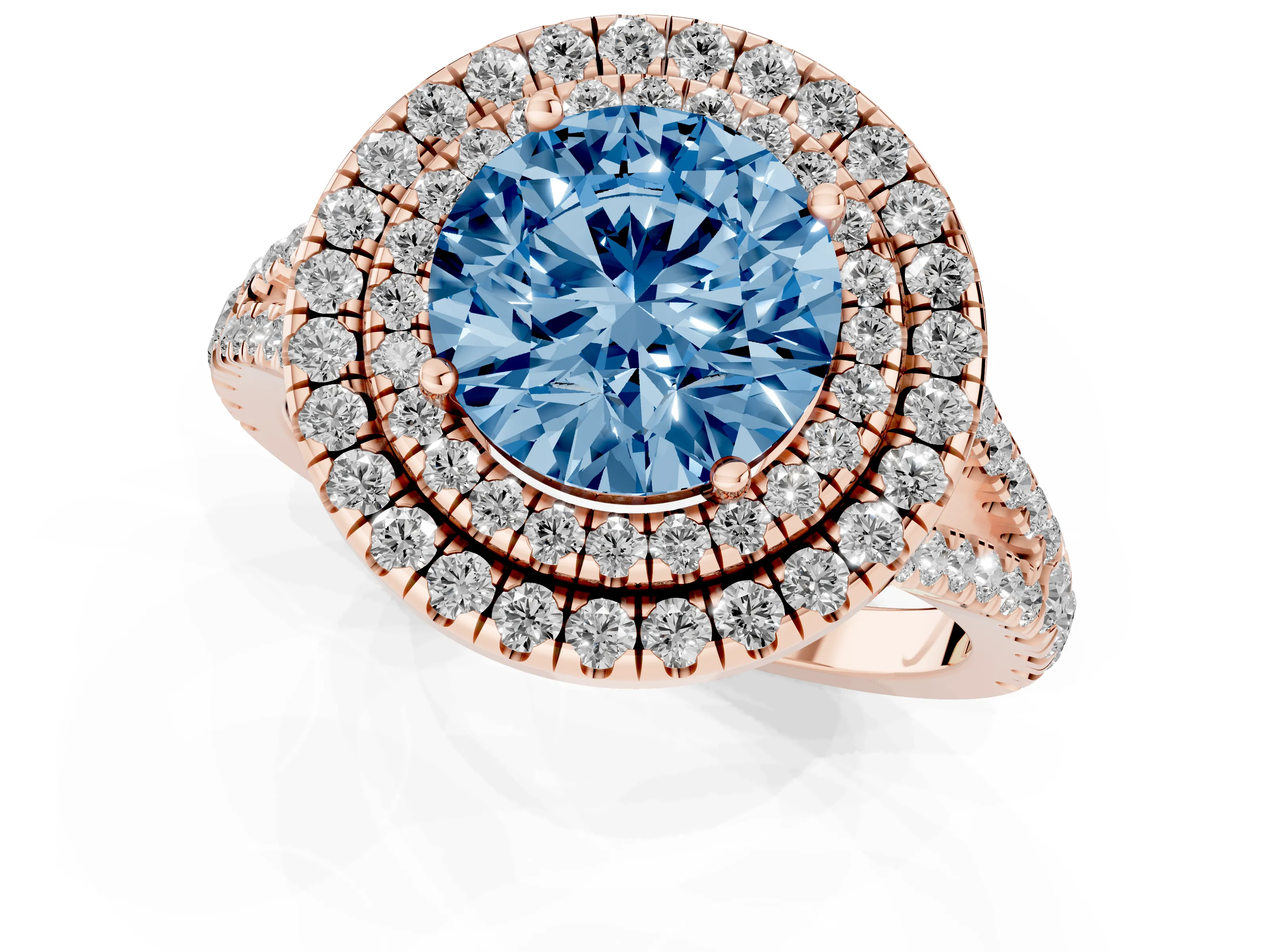 Fancy Blue Round Cut Diamond Double Halo Ring Set in Rose gold with Pavé Band