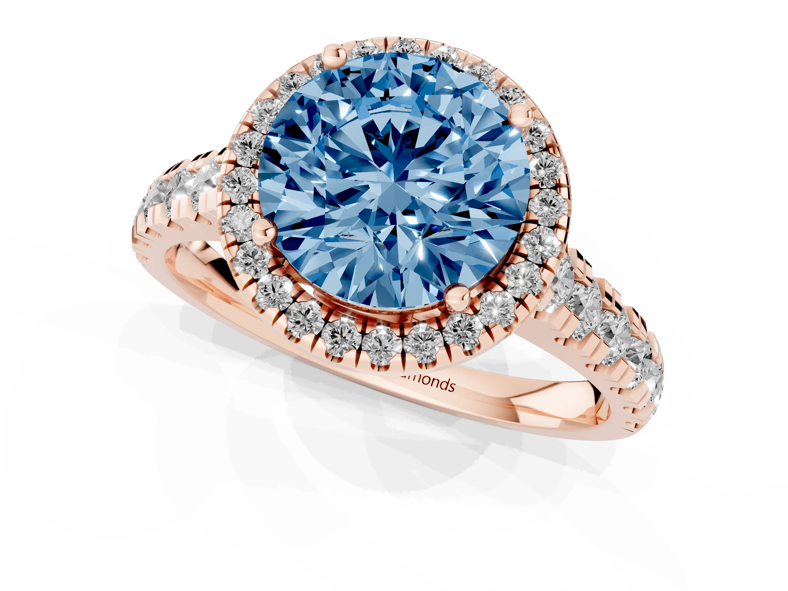 Fancy Blue Round Cut Diamond Halo Engagement Ring Set in Rose gold with Pavé Band and Prong-Set Center