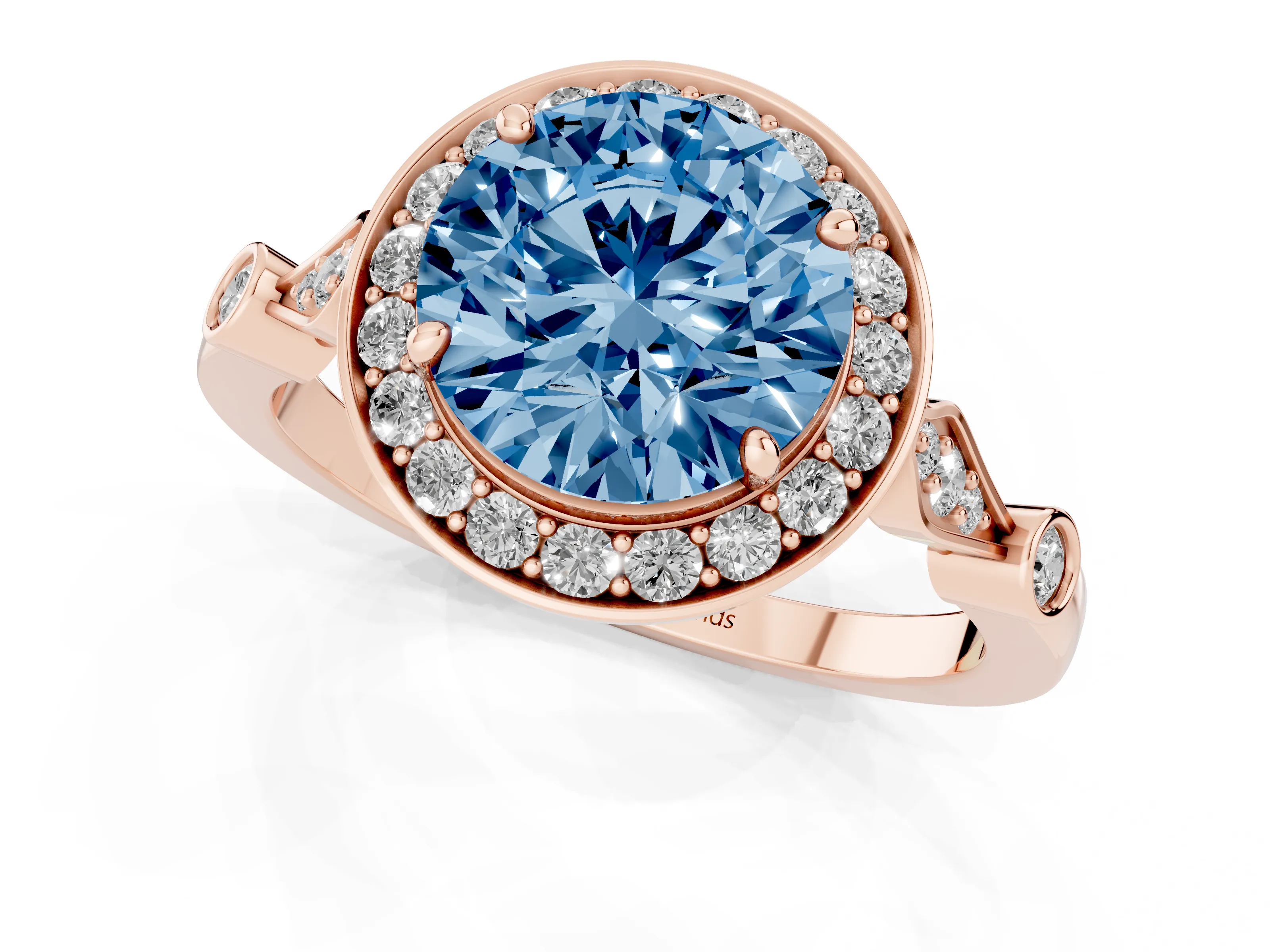 Fancy Blue Round Cut Diamond Halo Engagement Ring Set in Rose gold with Twisted Band and Prong Setting