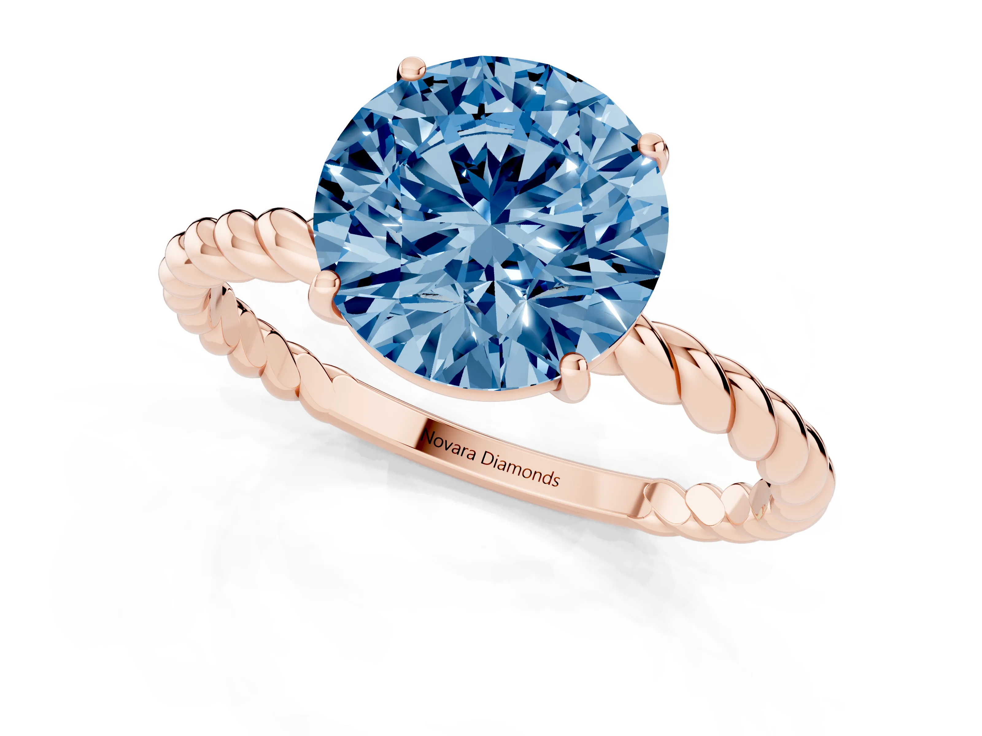 Fancy Blue Round Cut Diamond Solitaire Ring Set in Rose gold with Twist Band and Prong Setting