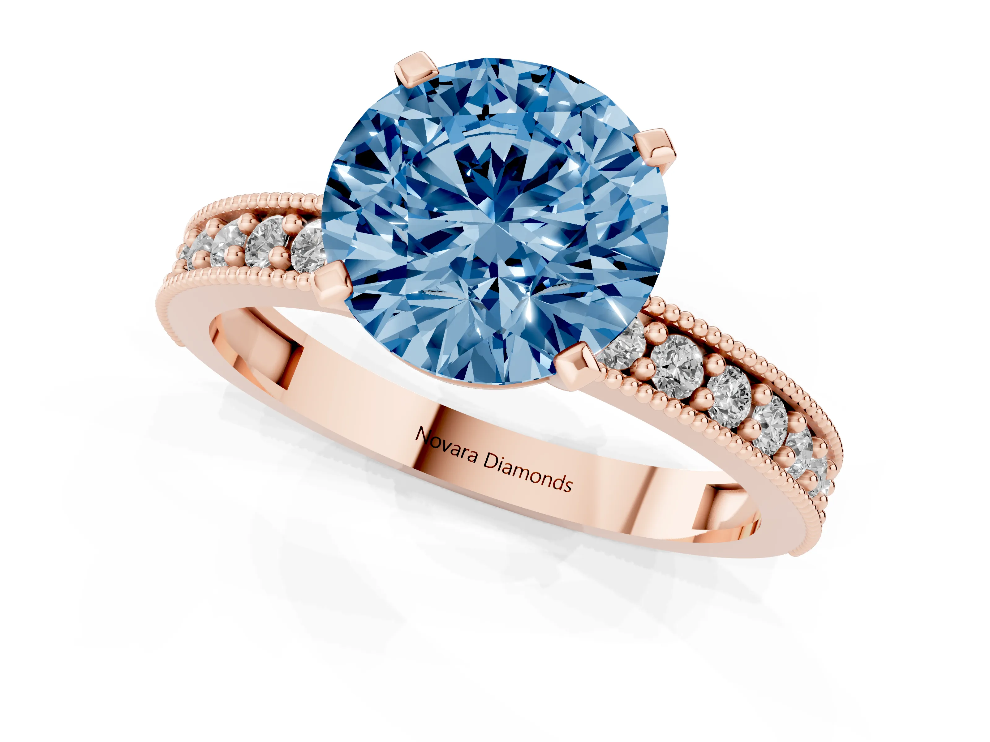 Fancy Blue Round Cut Diamond Milgrain Pavé Engagement Ring Set in Rose gold with Prong Setting