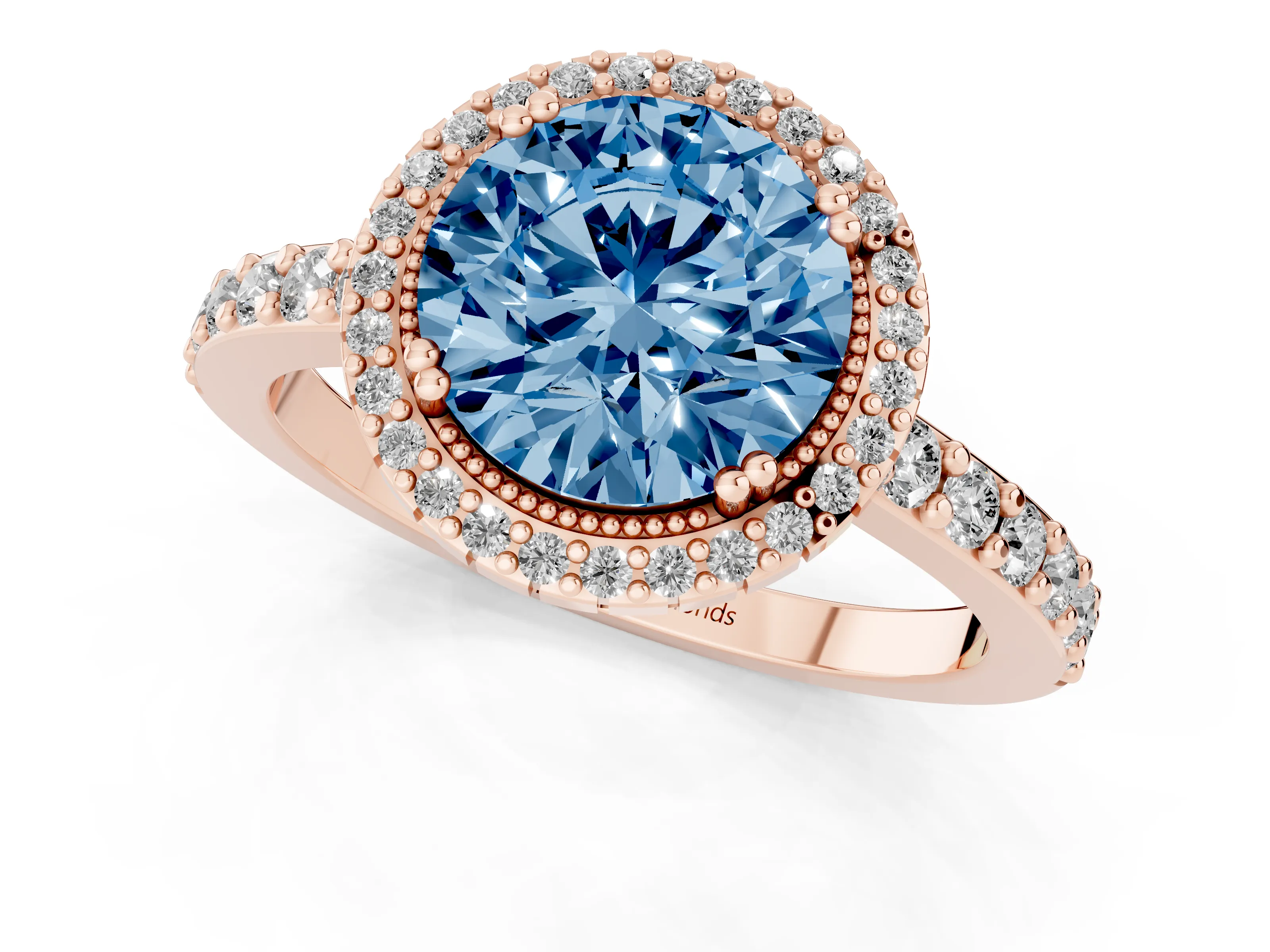 Fancy Blue Round Cut Diamond Halo Engagement Ring Set in Rose gold with Milgrain Detail and Pavé Band