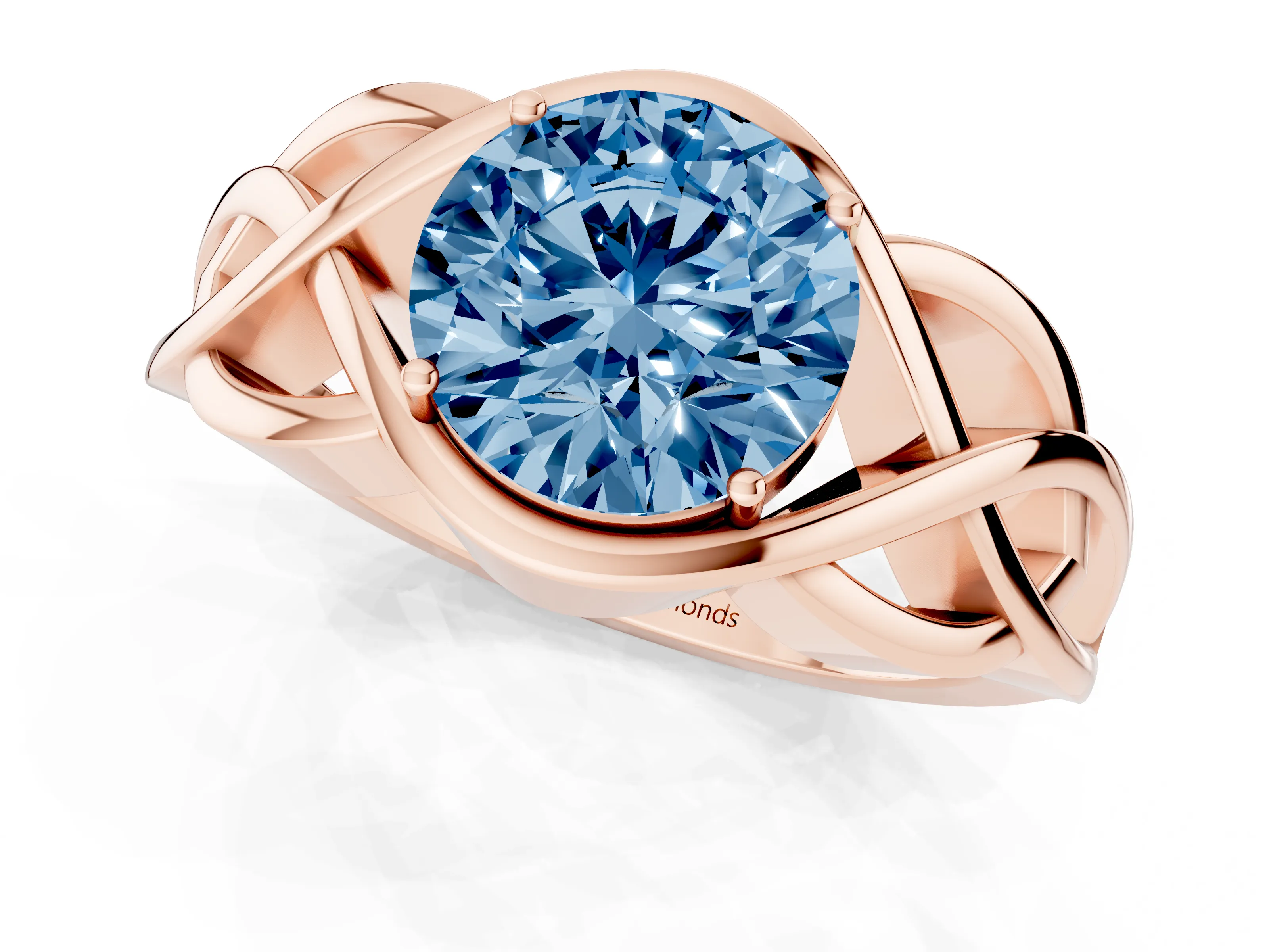Fancy Blue Round Cut Diamond Solitaire Ring Set in Rose gold with Intertwined Band