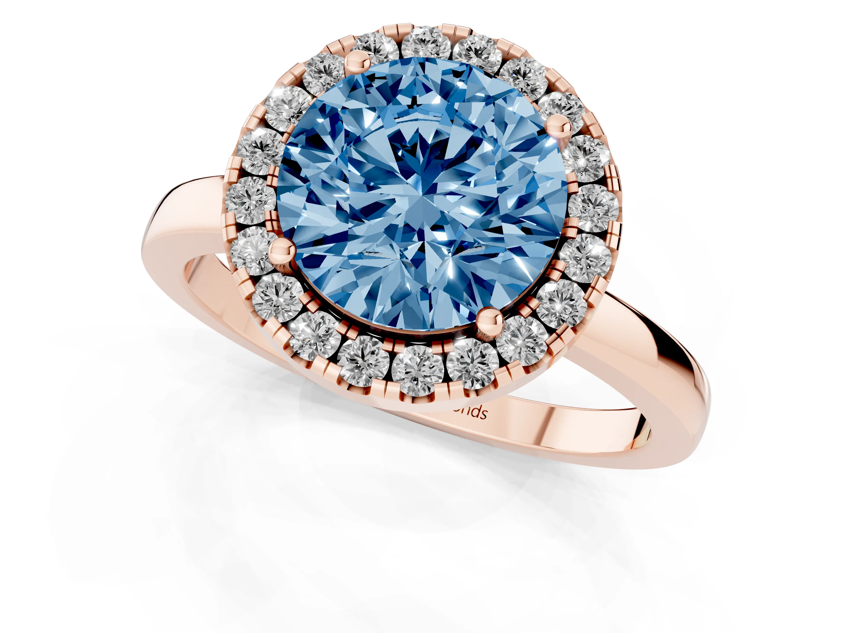 Fancy Blue Round Cut Diamond Halo Solitaire Ring Set in Rose gold with Pavé Band and Prong Setting