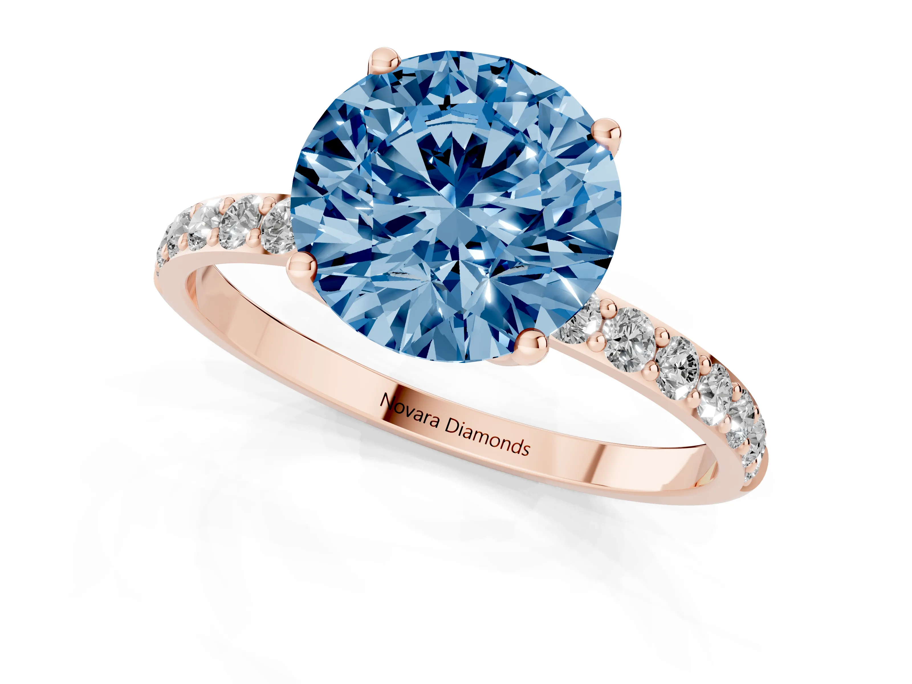 Fancy Blue Round Cut Diamond Solitaire Engagement Ring Set in Rose gold with Round Pavé Band and Prong Setting