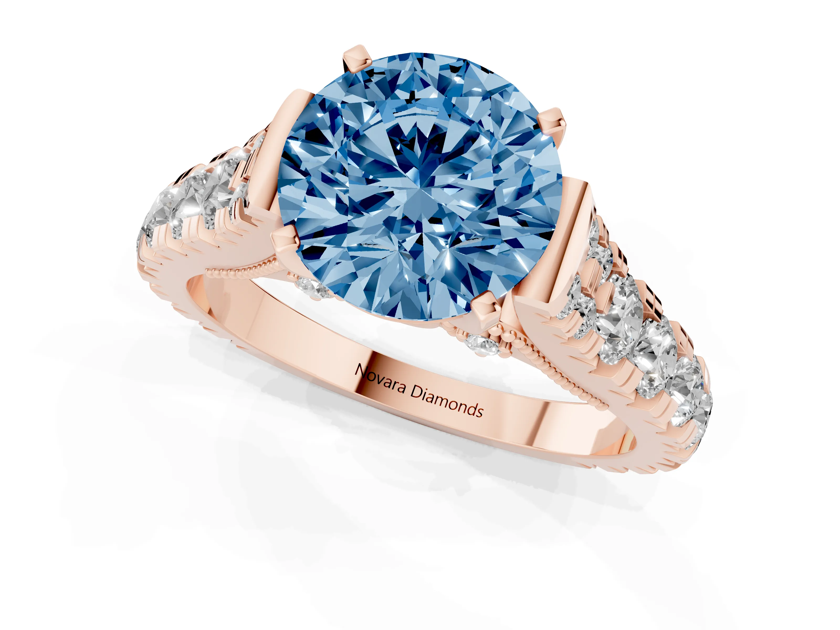 Fancy Blue Round Cut Diamond Classic Solitaire Ring Set in Rose gold with Pavé Band and Prong Setting